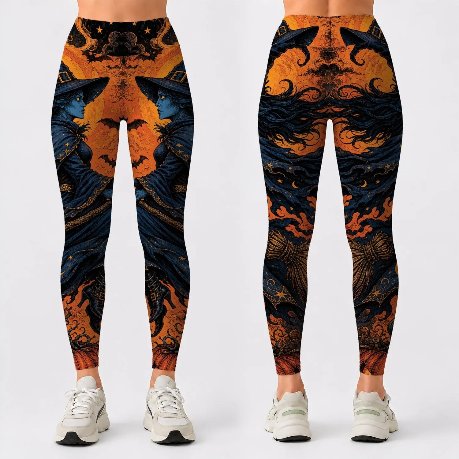 Orange Twilight Witch On Broom With Jack O Lantern Halloween Vintage Comic Goth Style Leggings - 1