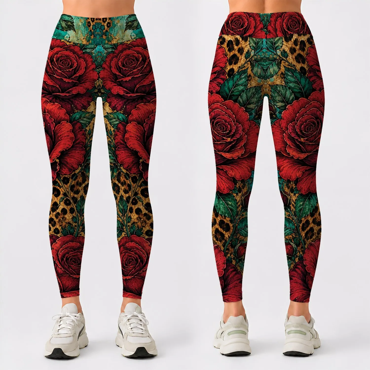 Crimson Rose Leopard Turquoise Botanical Tattoo Style For Bold Romantic Outfit Looks Leggings - 1