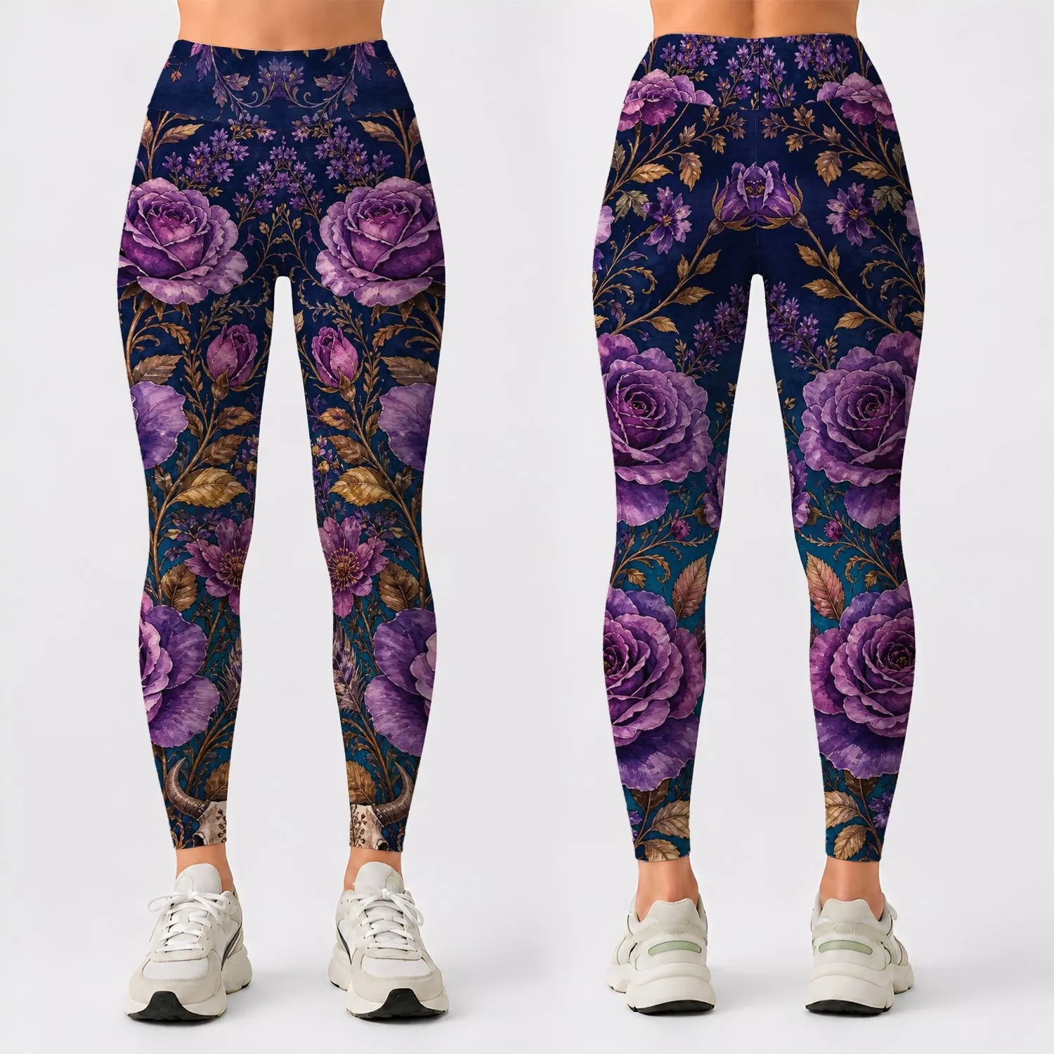 Midnight Navy Boho Purple Rose Bouquet For Yoga Studio Festival And Streetwear Days Leggings - 1