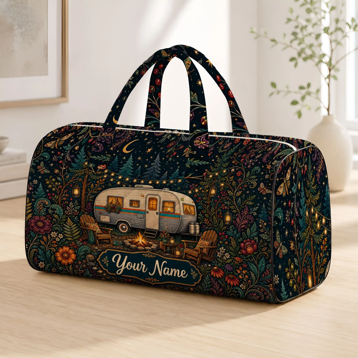 Vintage Camper In Midnight Teal Forest For Cozy Getaways And Boho Travel Lovers Gift Quilted Weekend Bag - 1
