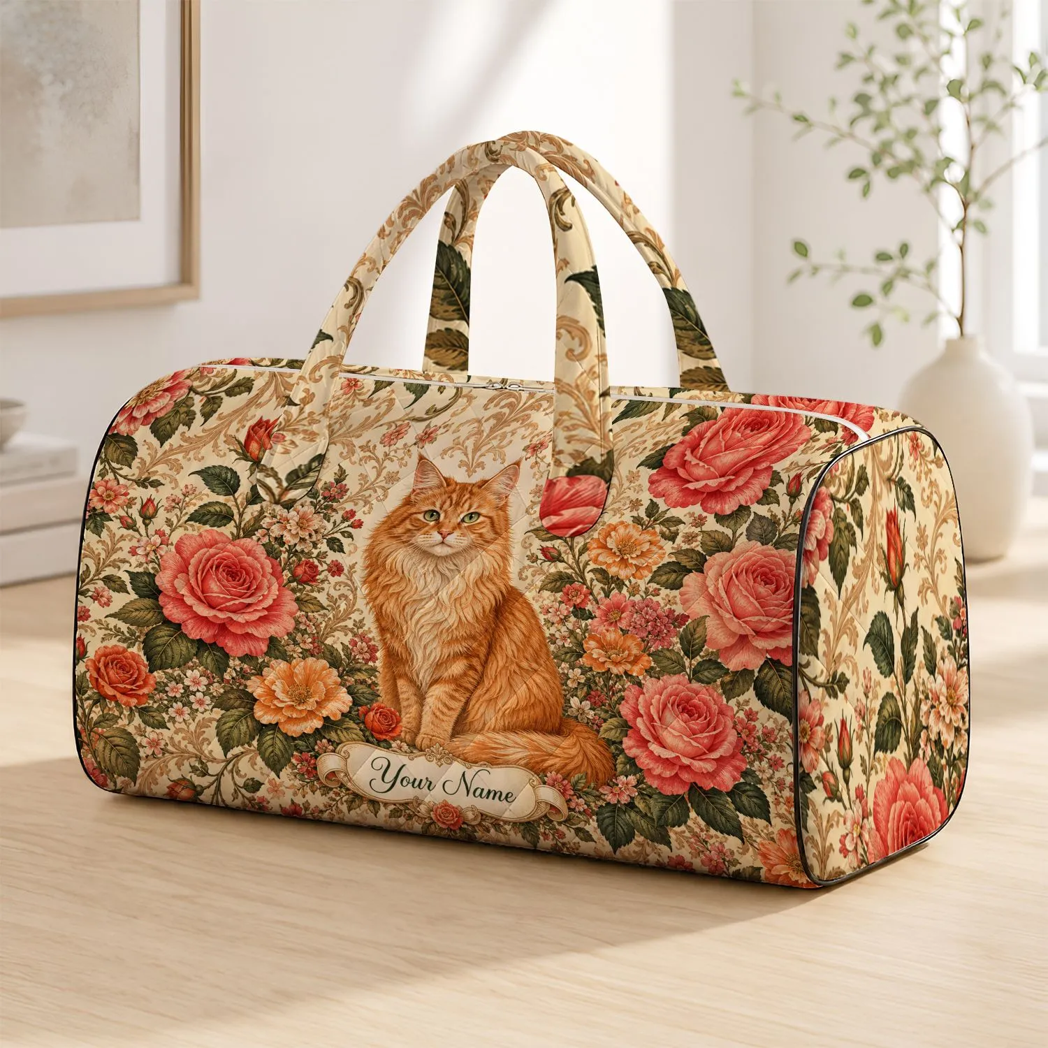 Regal Ginger Cat With Coral Roses Cottage Garden Travel Accessory For Cat Lovers Quilted Weekend Bag - 1