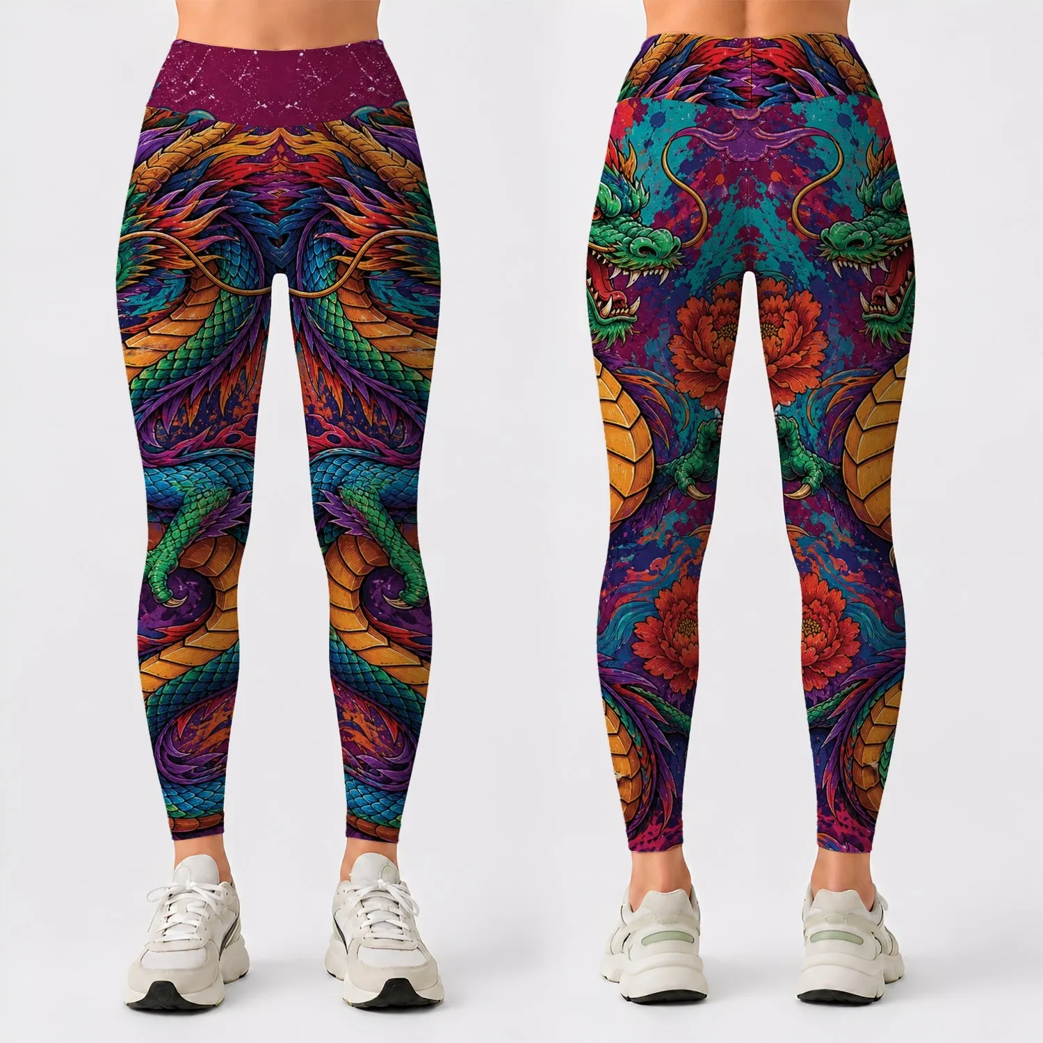 Neo Traditional Dragon With Magenta Grunge Splashes For Festival Streetwear Women Leggings - 1