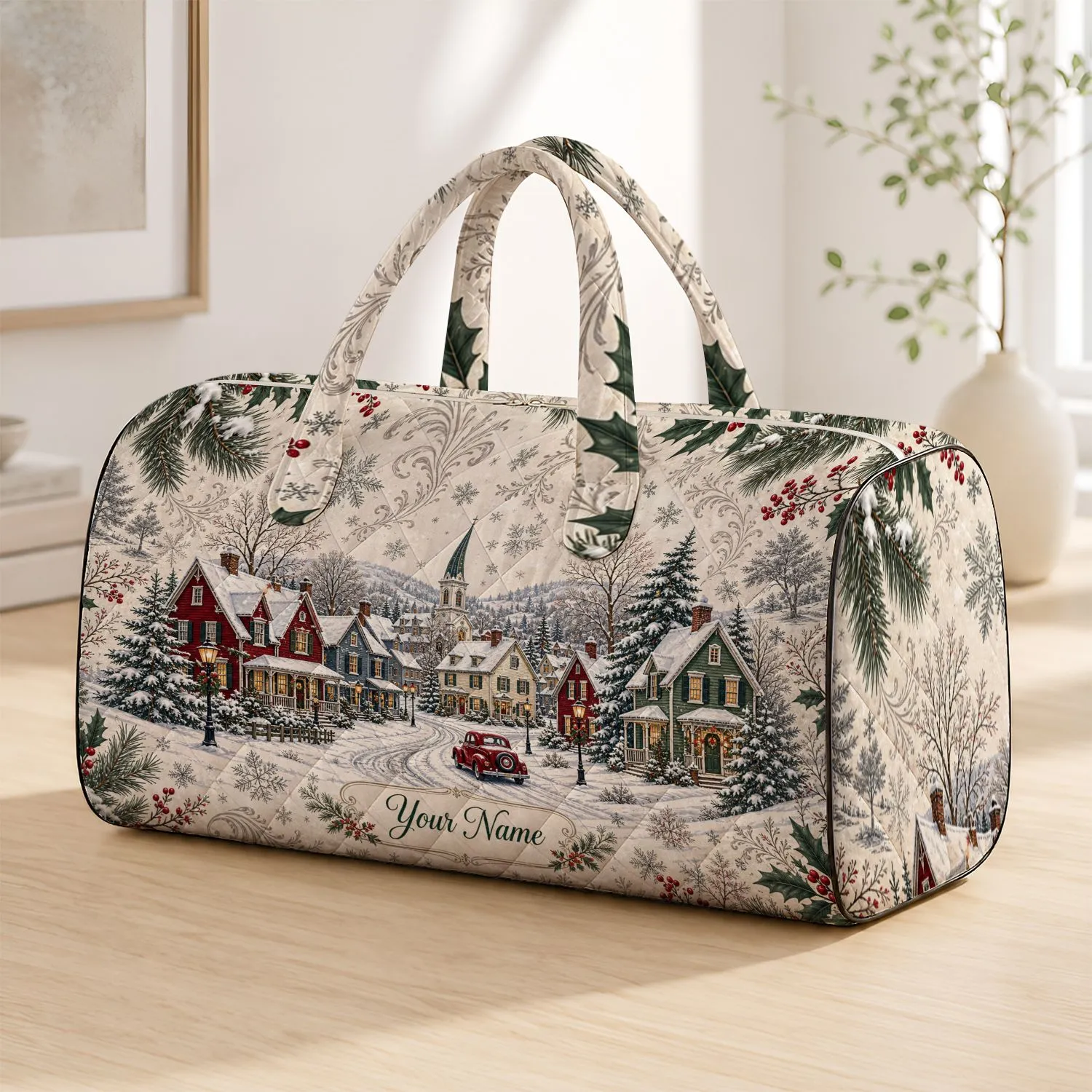 Snowy Winter Village With Name Plaque For Holiday Travel Lovers And Cozy Getaways Quilted Weekend Bag - 1