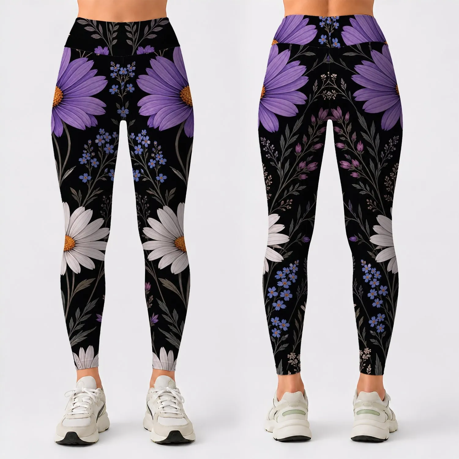 Lavender Daisy Wildflower Botanical Floral Black Aesthetic For Yoga Gym Everyday Style Leggings - 1