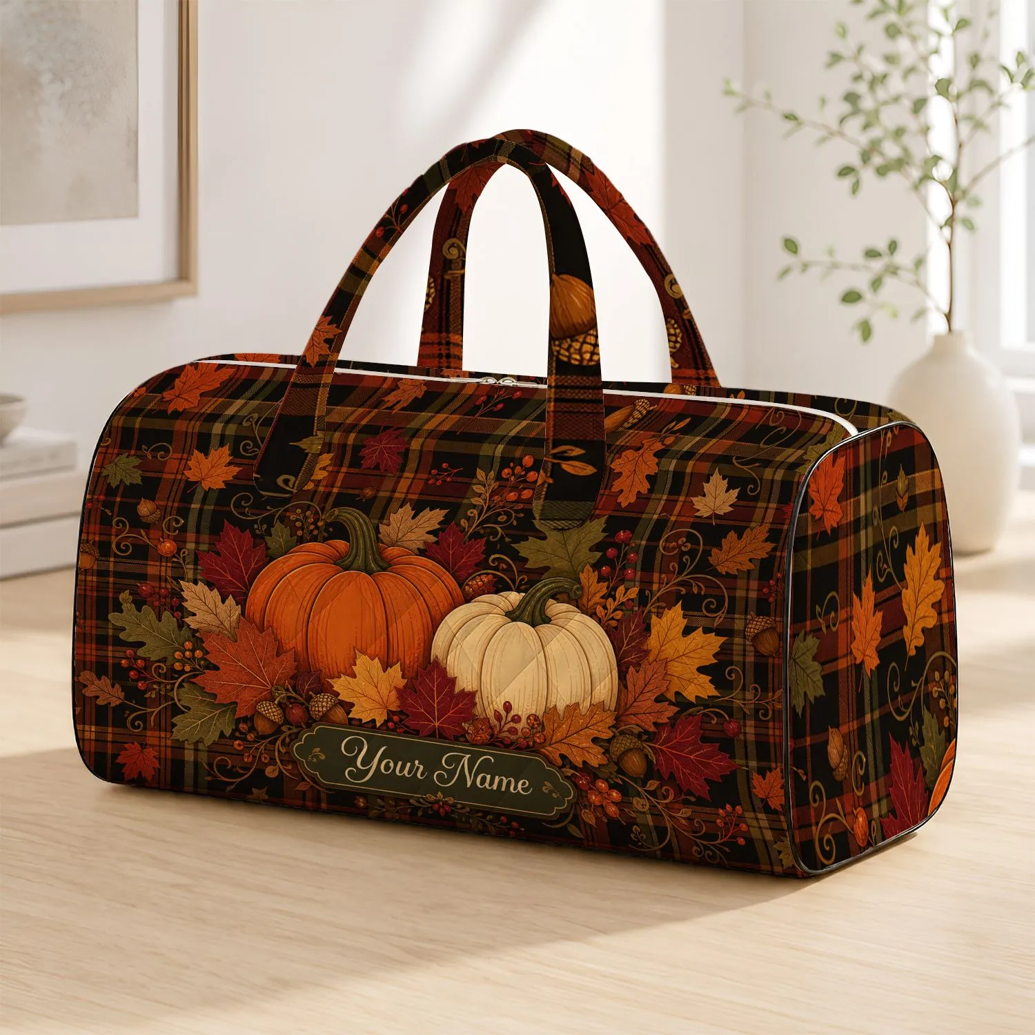 Autumn Pumpkins On Espresso Plaid With Nameplate For Fall Harvest Travel Style Lovers Quilted Weekend Bag - 1
