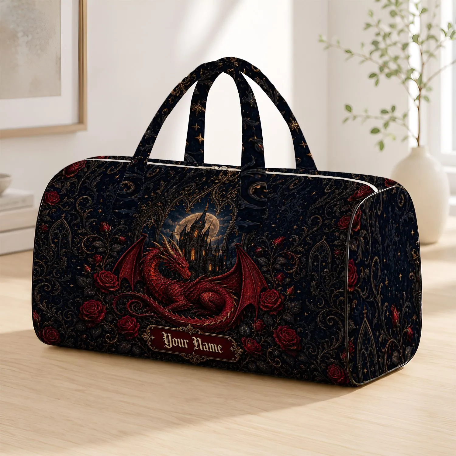 Crimson Dragon Castle With Gothic Roses For Dark Fantasy Travel And Renaissance Fans Quilted Weekend Bag - 1