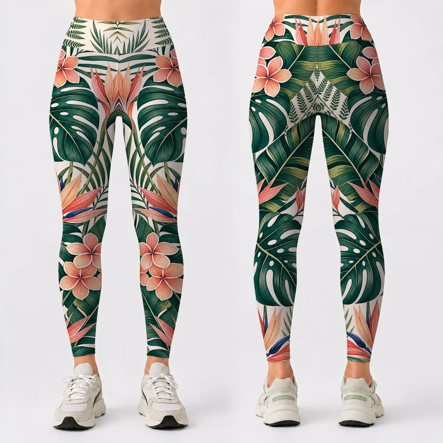 Tropical Botanical Monstera Leaves And Coral Florals For Resort Yoga Style Women Leggings - 1