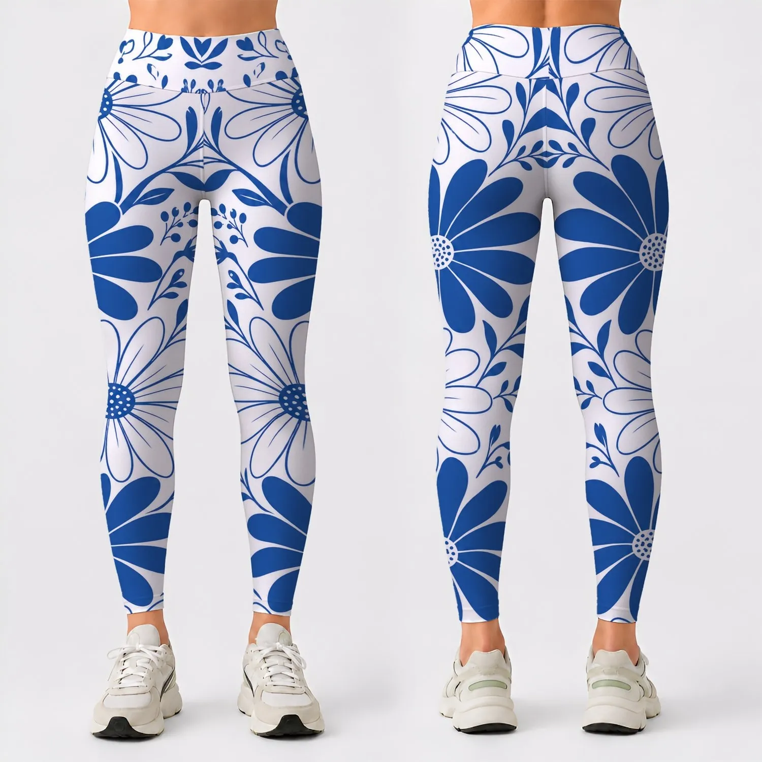 Ocean Blue Daisy Florals On White For Coastal Summer Resort Style Womens Casual Looks Leggings - 1