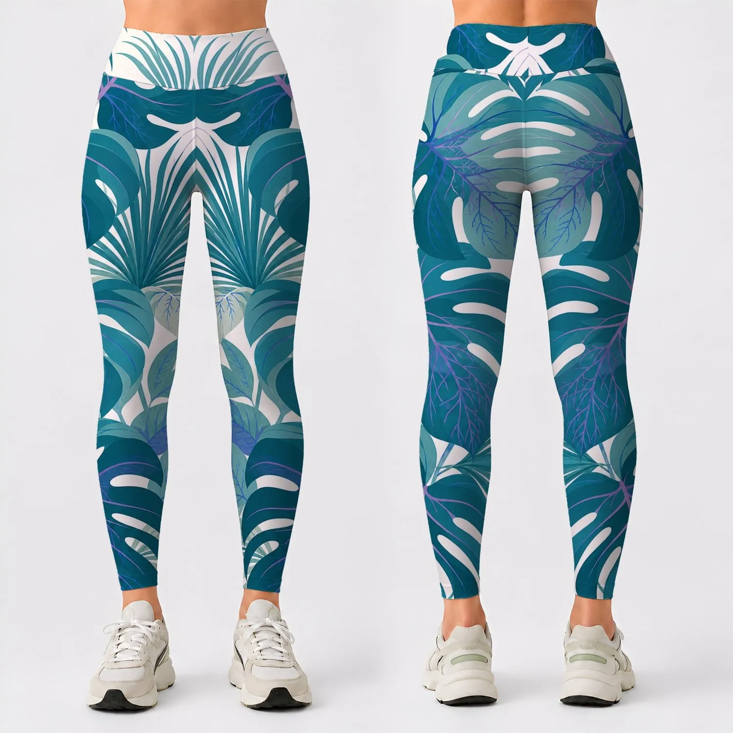 Teal Monstera And Palm Tropical Botanical Resort Casual Ivory White Women's Style Leggings - 1