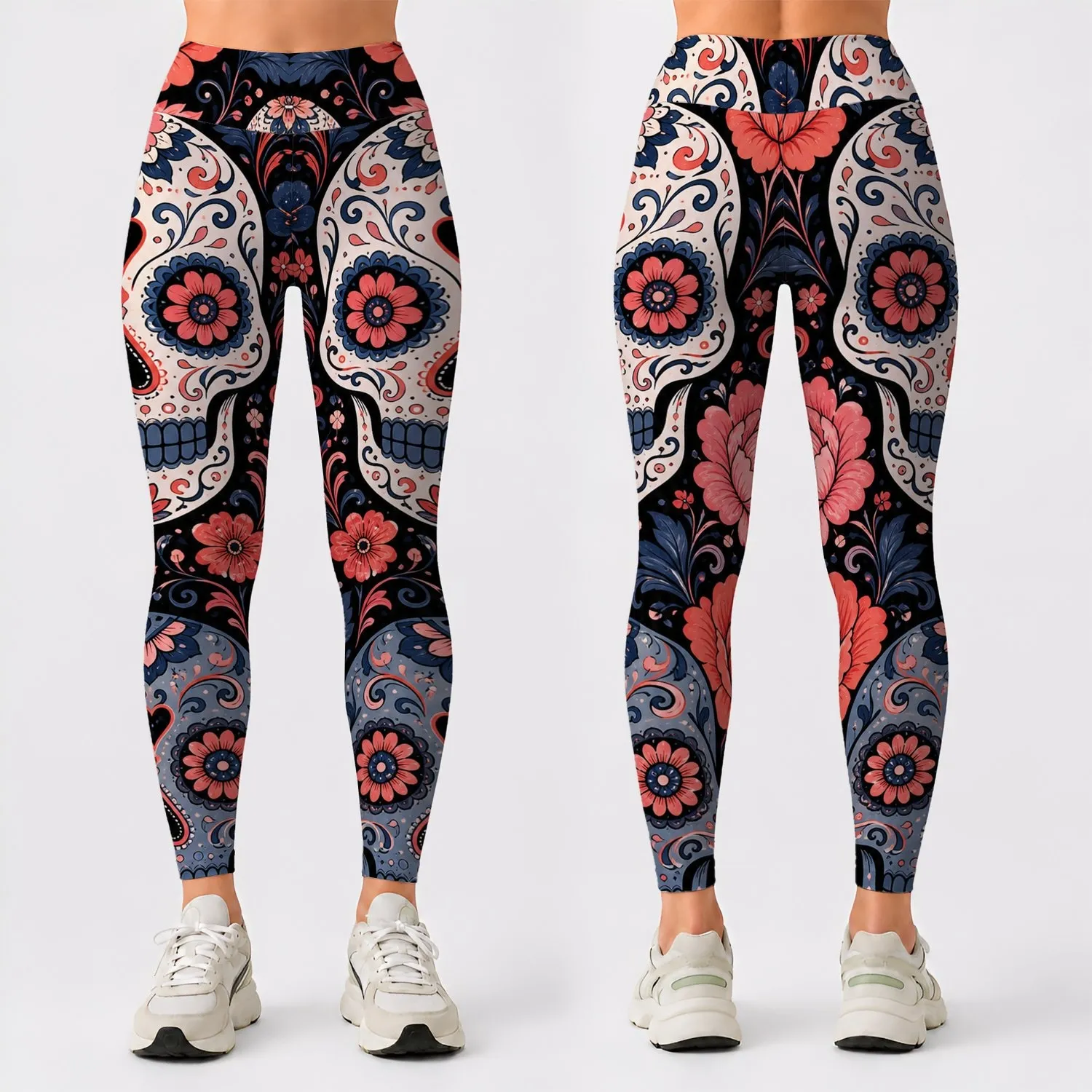Día De Los Muertos Sugar Skulls With Gothic Florals For Yoga Festival Style And Dance Leggings - 1