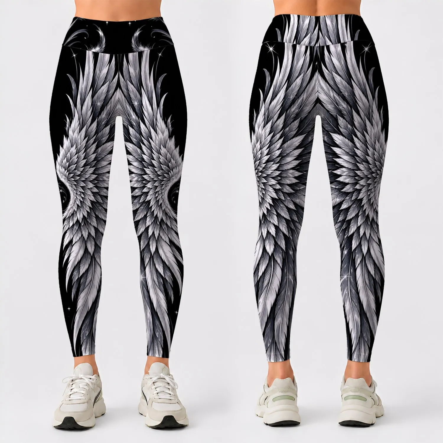 Silver Angel Wings On Jet Black For Streetwear Festival Glam And Night Out Style Leggings - 1