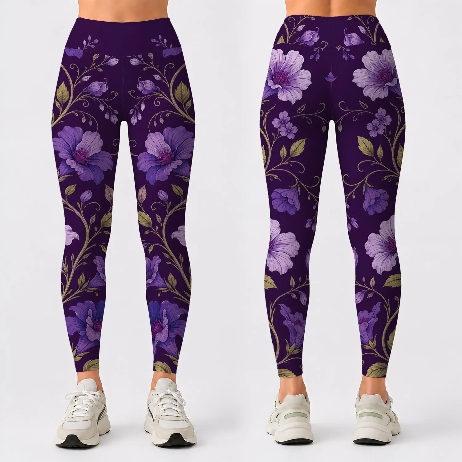 Purple Botanical Vine With Violet Blossoms For Resort Casual Yoga And Lounge Style Leggings - 1