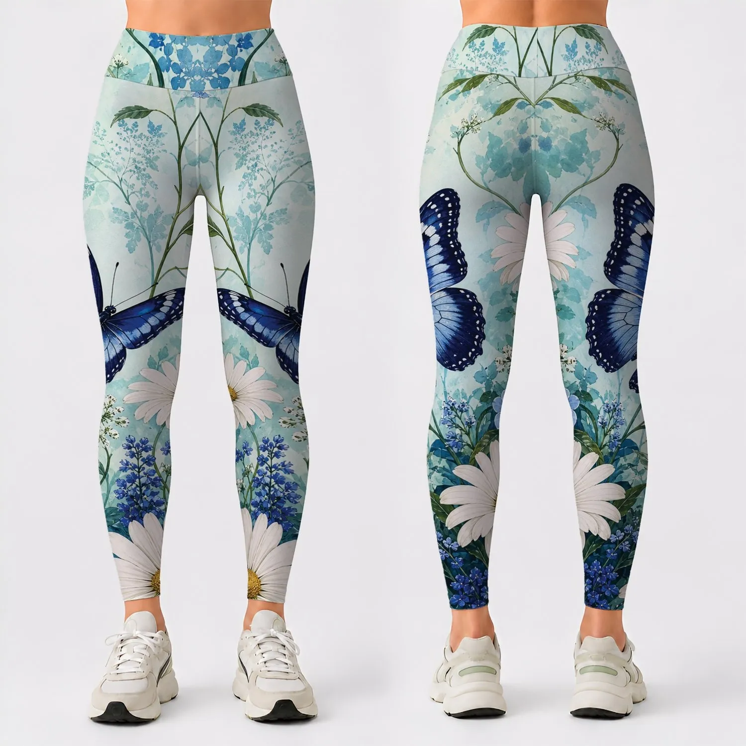 White Daisies And Navy Butterflies For Garden Walks, Yoga, Brunch, And Vacations Leggings - 1