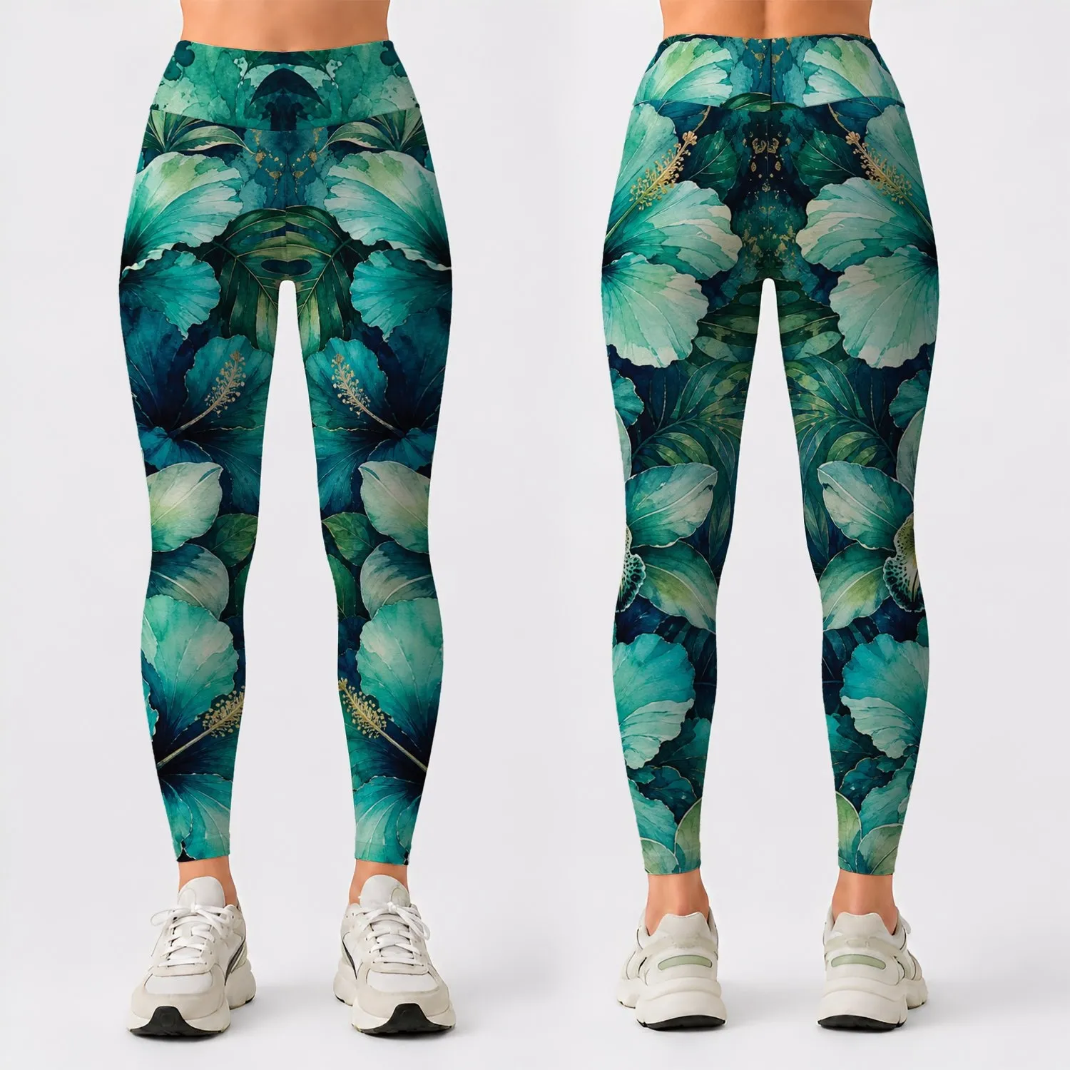 Elegant Tropical Watercolor Florals For Resort Vacations And Coastal Yoga Outfits Leggings - 1