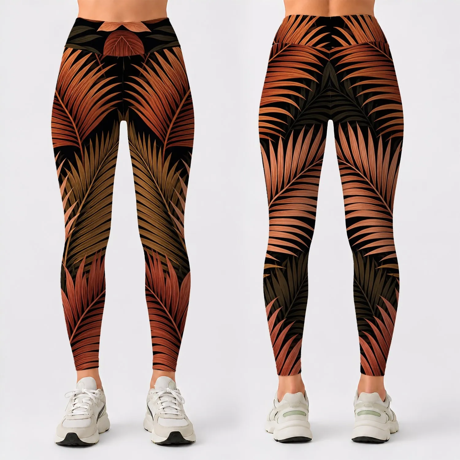 Copper And Terracotta Tropical Palm Fronds On Matte Black For Luxe Resort Vacations Leggings - 1