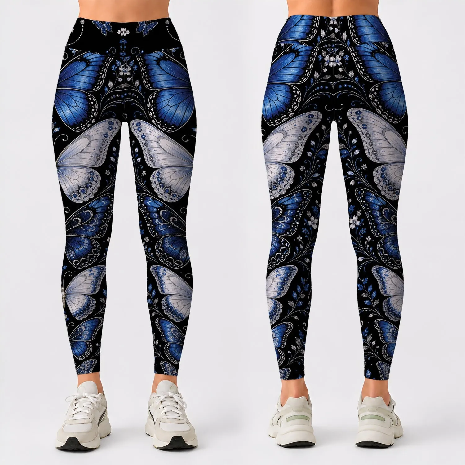 Blue Butterfly Vine Filigree On Black For Spring Summer Yoga Festival Outfits Women Leggings - 1