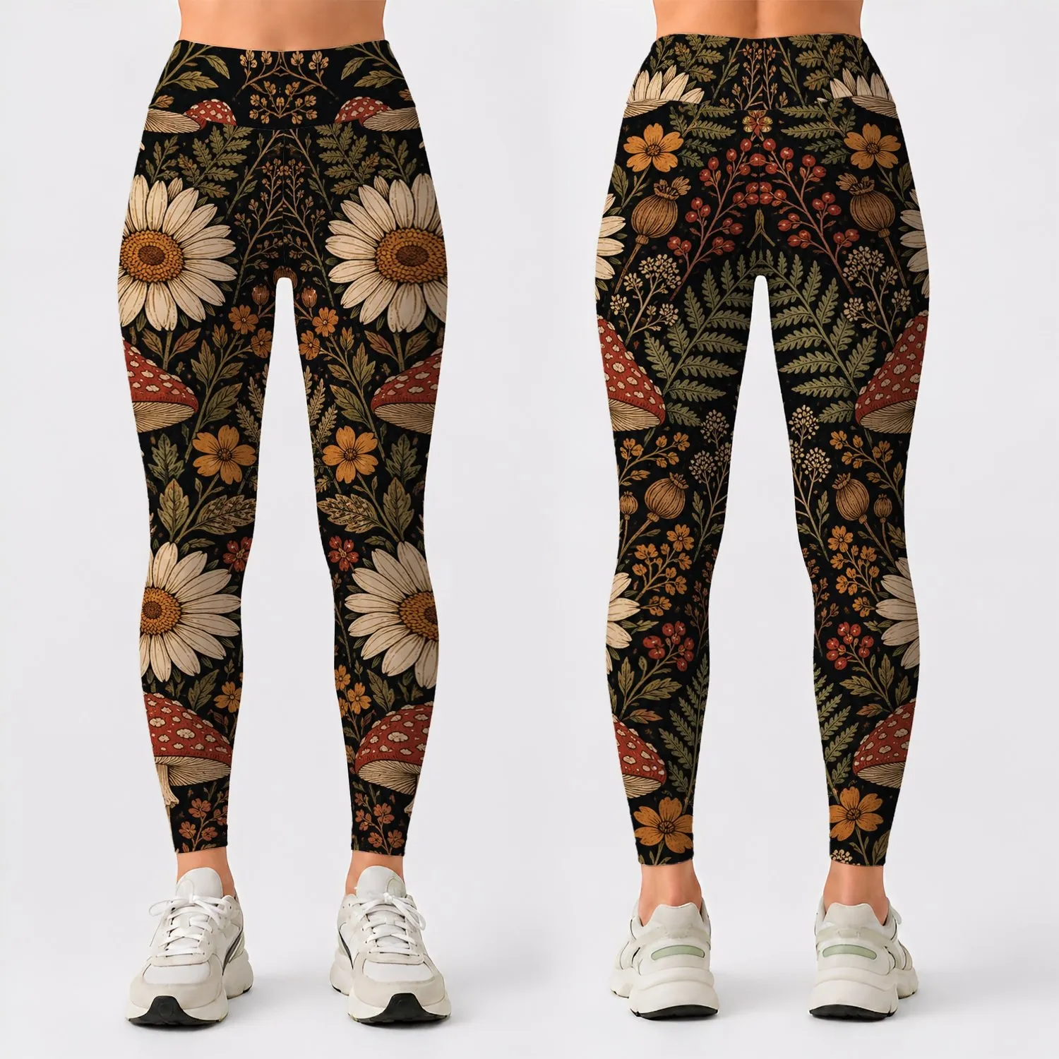 Red Mushroom Daisy Woodland Botanicals For Cottagecore Festival Yoga Wardrobe Style Leggings - 1