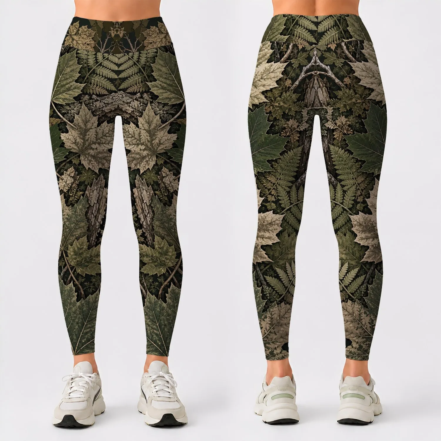 Woodland Jungle Camouflage Maple Leaves For Outdoor Yoga And Studio Streetwear Women Leggings - 1
