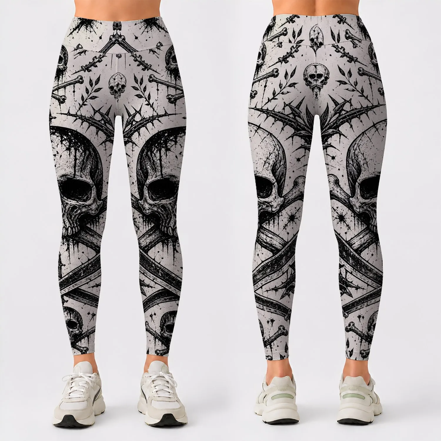 Gothic Pirate Skull Crossbones Black Gray Tattoo Flash Streetwear For Rebel Women Leggings - 1
