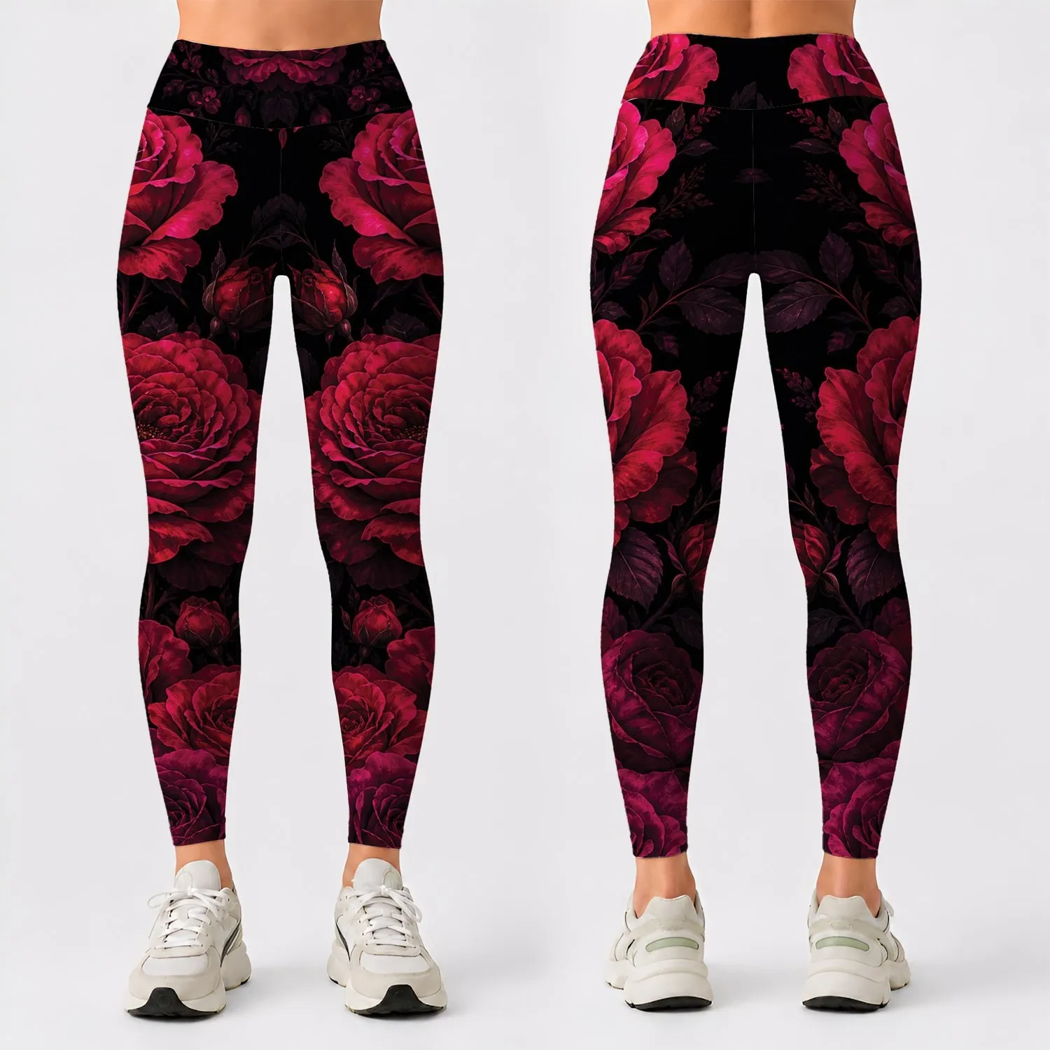 Black Magenta Rose Floral Gothic Romance Evening Yoga Festival Statement Style Look Leggings - 1