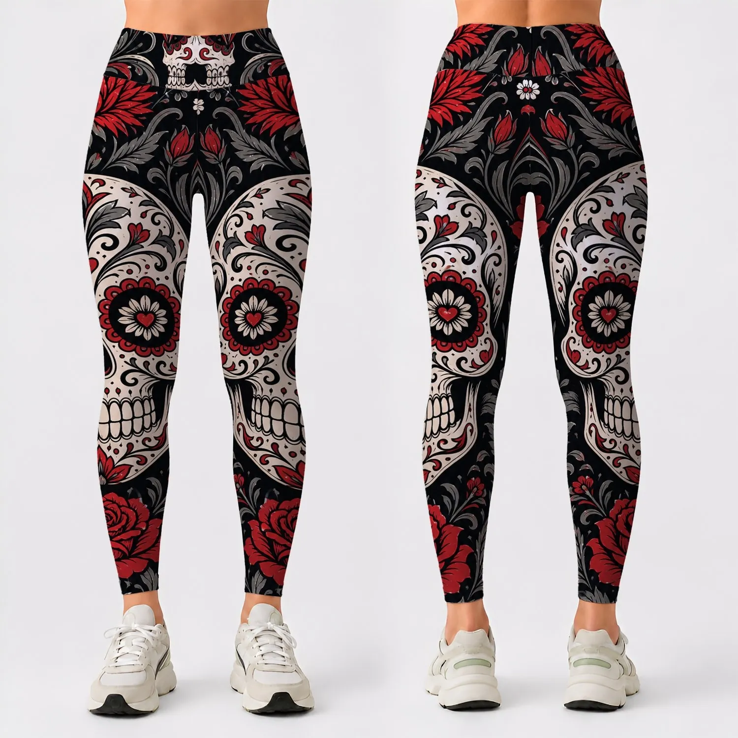 Gothic Sugar Skull With Crimson Florals For Yoga Studio Streetwear And Festival Looks Leggings - 1