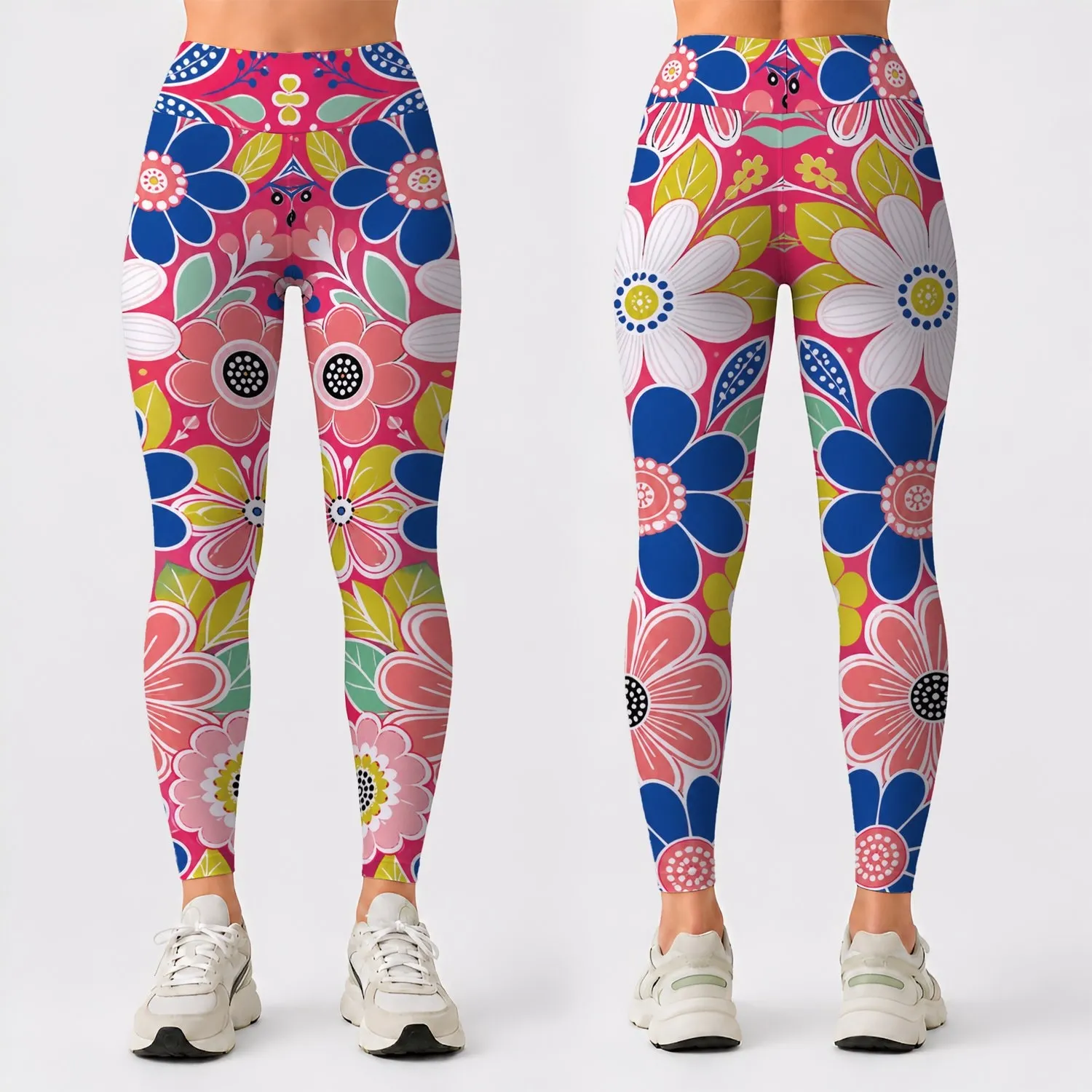 Raspberry Pink Retro Floral Daisy Cascade For Euro American Boutique Style Women Leggings - 1