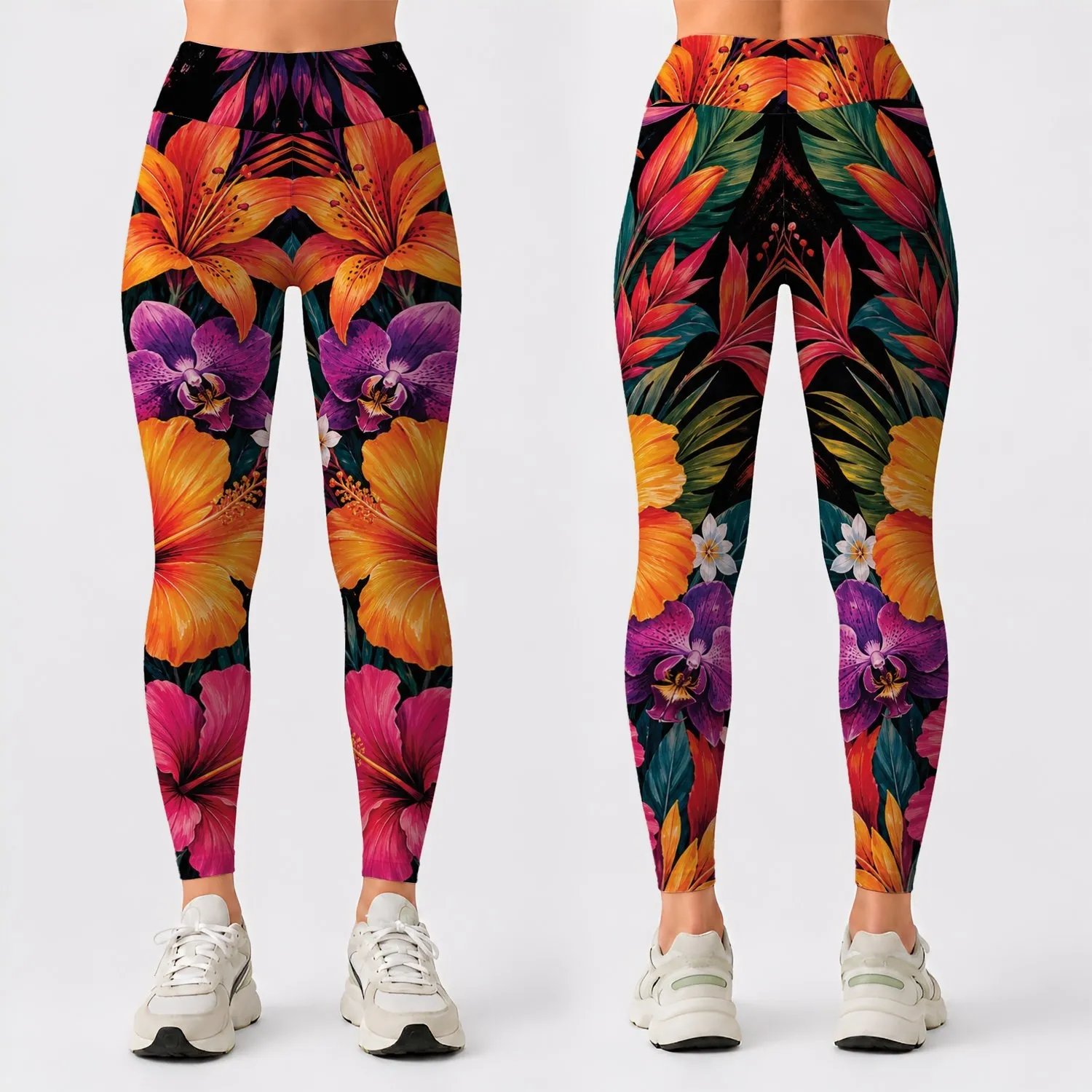 Dramatic Tropical Floral Bouquet On Black For Vacation Yoga And Resort Fitness Style Leggings - 1