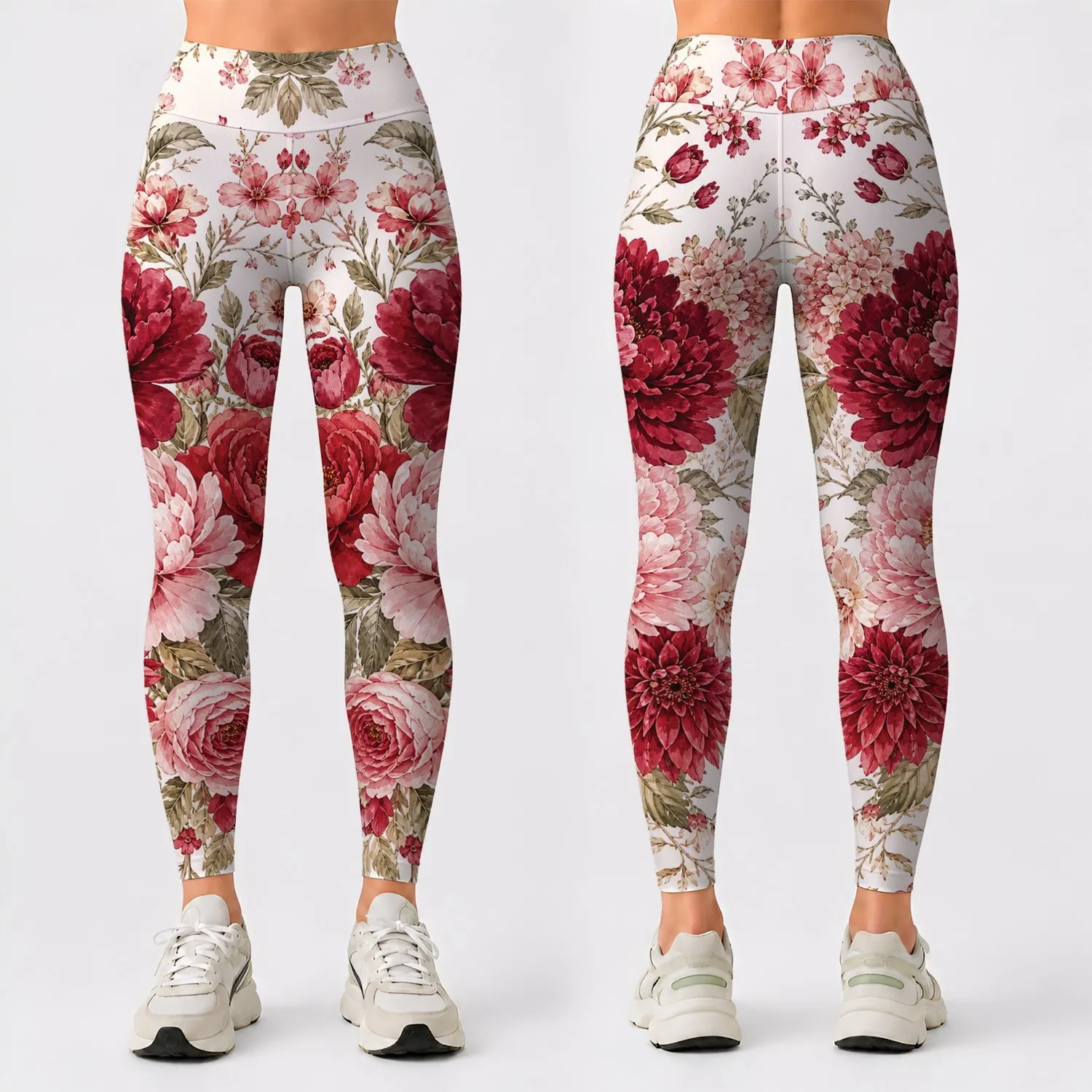 Romantic Burgundy Peony Rose Floral On Ivory For Vacation Party Style Plus Size Women Leggings - 1