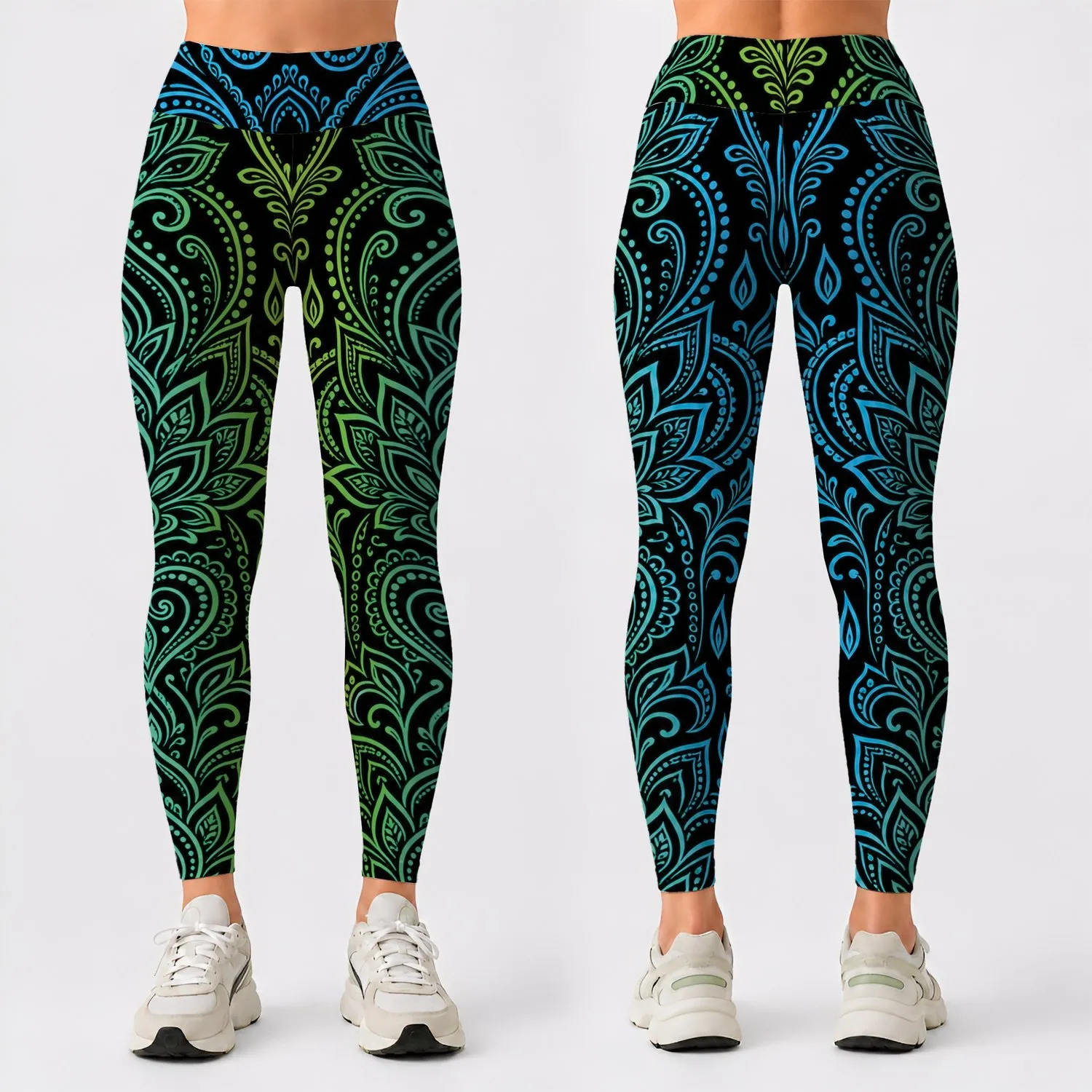 Neon Mandala Paisley Column In Cyan Lime For Yoga Festival Boho Streetwear Women Leggings - 1