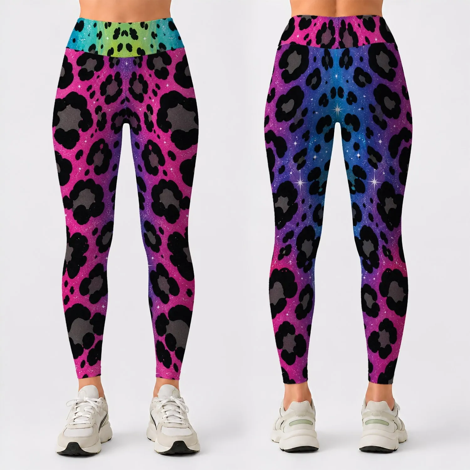 Rainbow Leopard Rosettes With Glitter Sparkles For Nightlife Festival Style Outfits Leggings - 1
