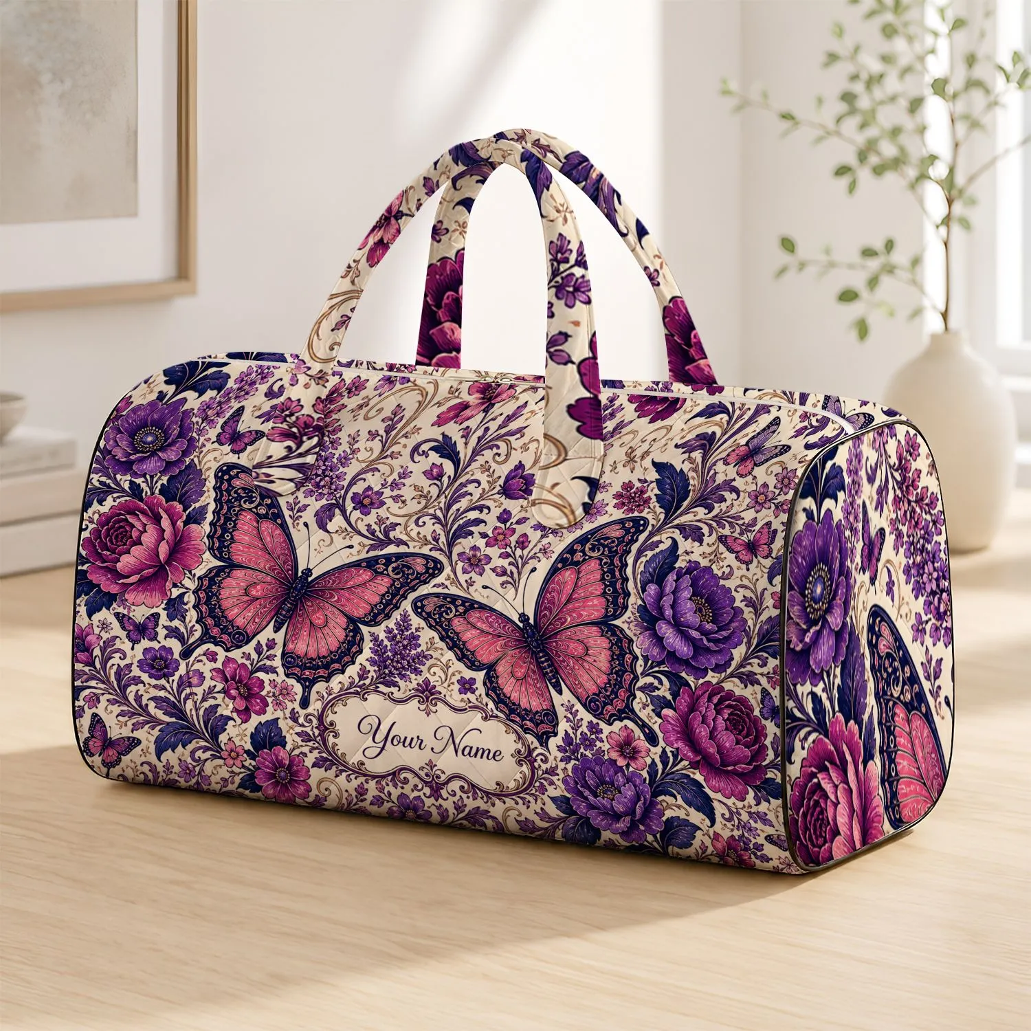Bohemian Pink Butterflies With Jewel Tone Florals For Getaways And Bridesmaid Gifts Quilted Weekend Bag - 1