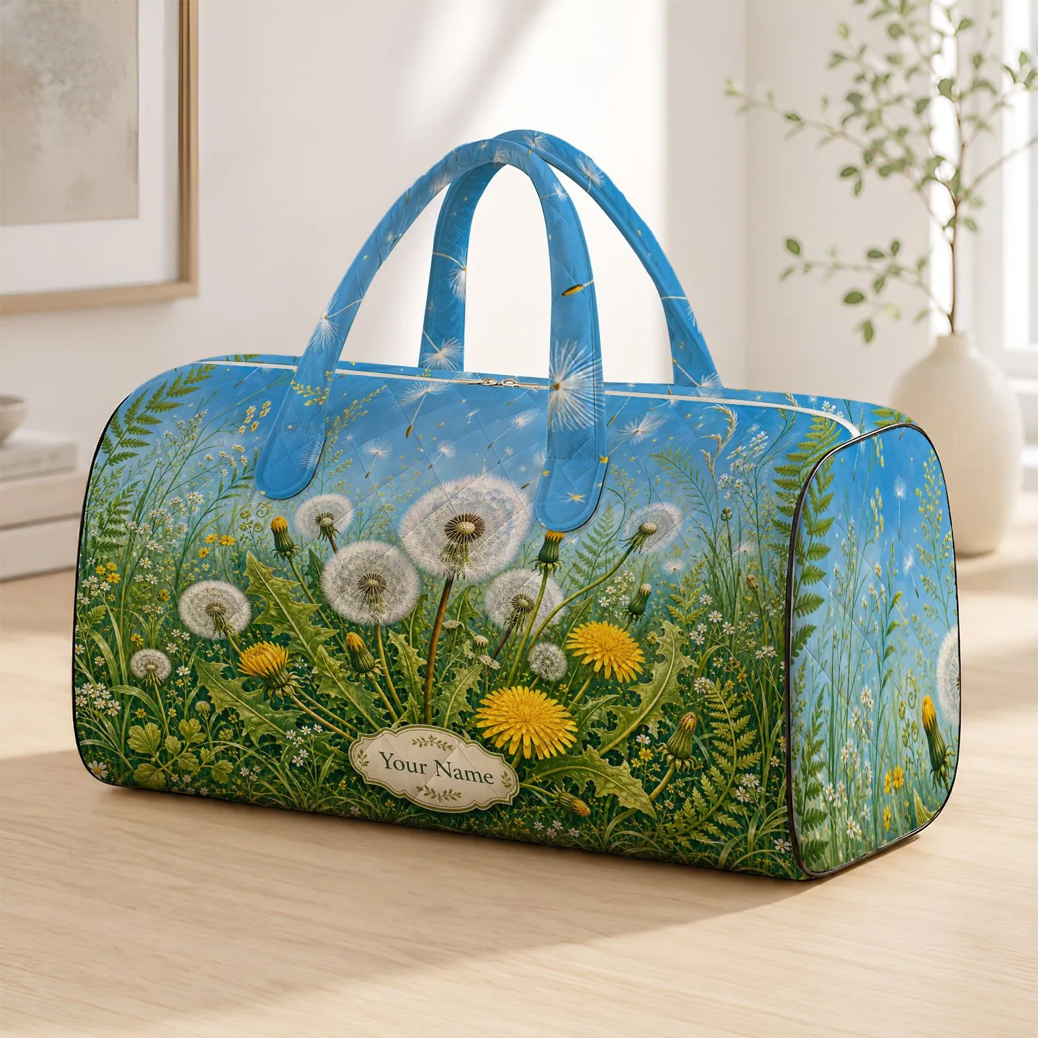 Spring Dandelion Meadow With Botanical Name Label For Overnight Travel And Gym Days Quilted Weekend Bag - 1