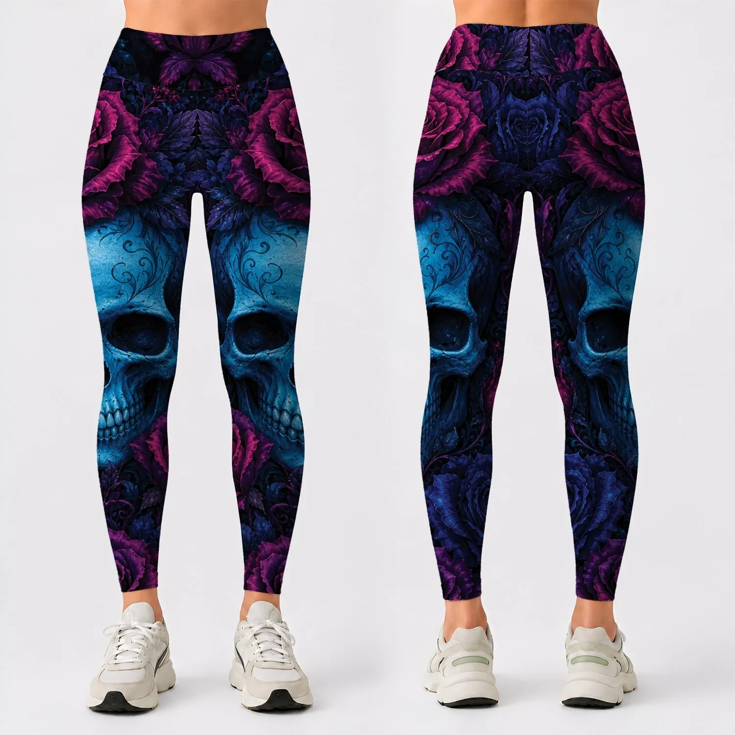 Turquoise Skull And Midnight Roses For Gothic Romance Festival Nights Alternative Women Leggings - 1