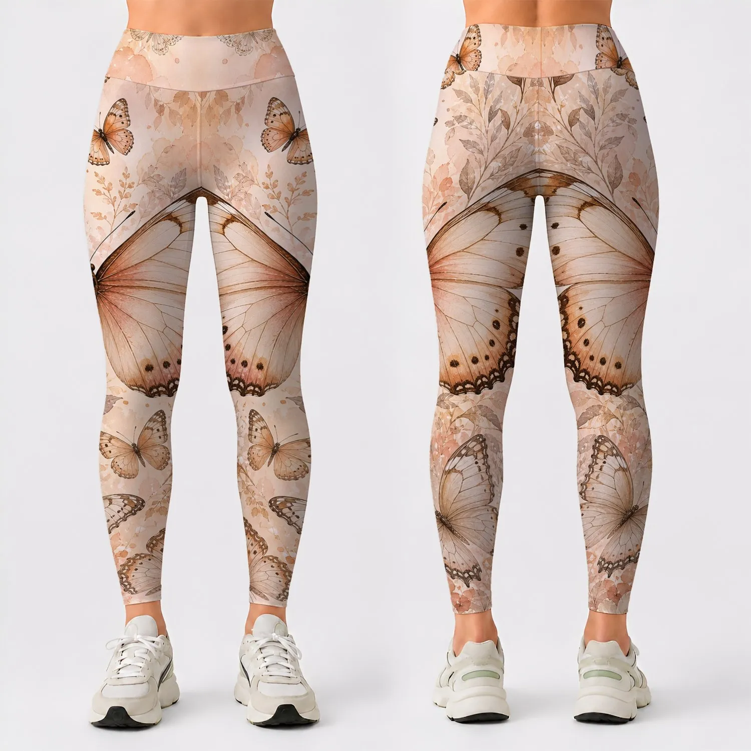 Champagne Peach Butterfly Botanical Watercolor Motif For Soft Lounge Style Women Leggings - 1