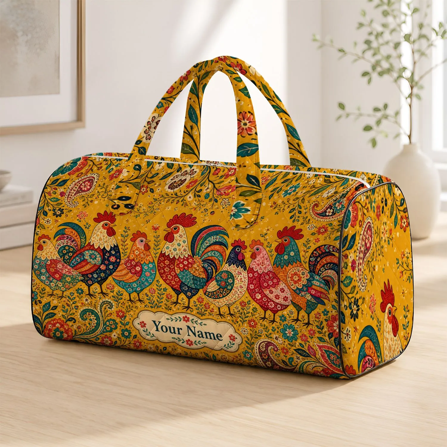 Retro Folk Chicken Patchwork Floral Mustard Farmhouse Travel Style For Hen Lovers Quilted Weekend Bag - 1