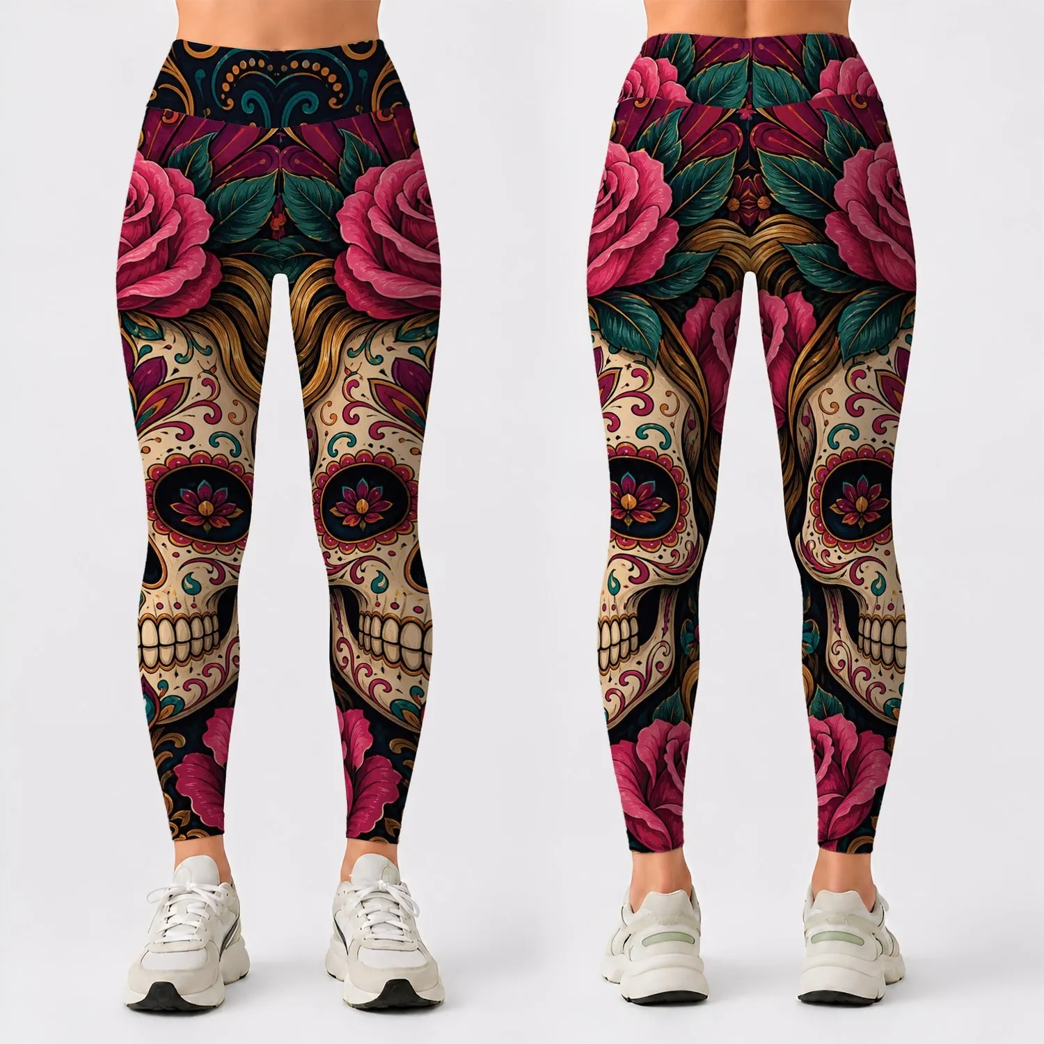 Gothic Sugar Skull And Pink Roses For Día De Los Muertos Dark Romantic Festival Style Leggings - 1