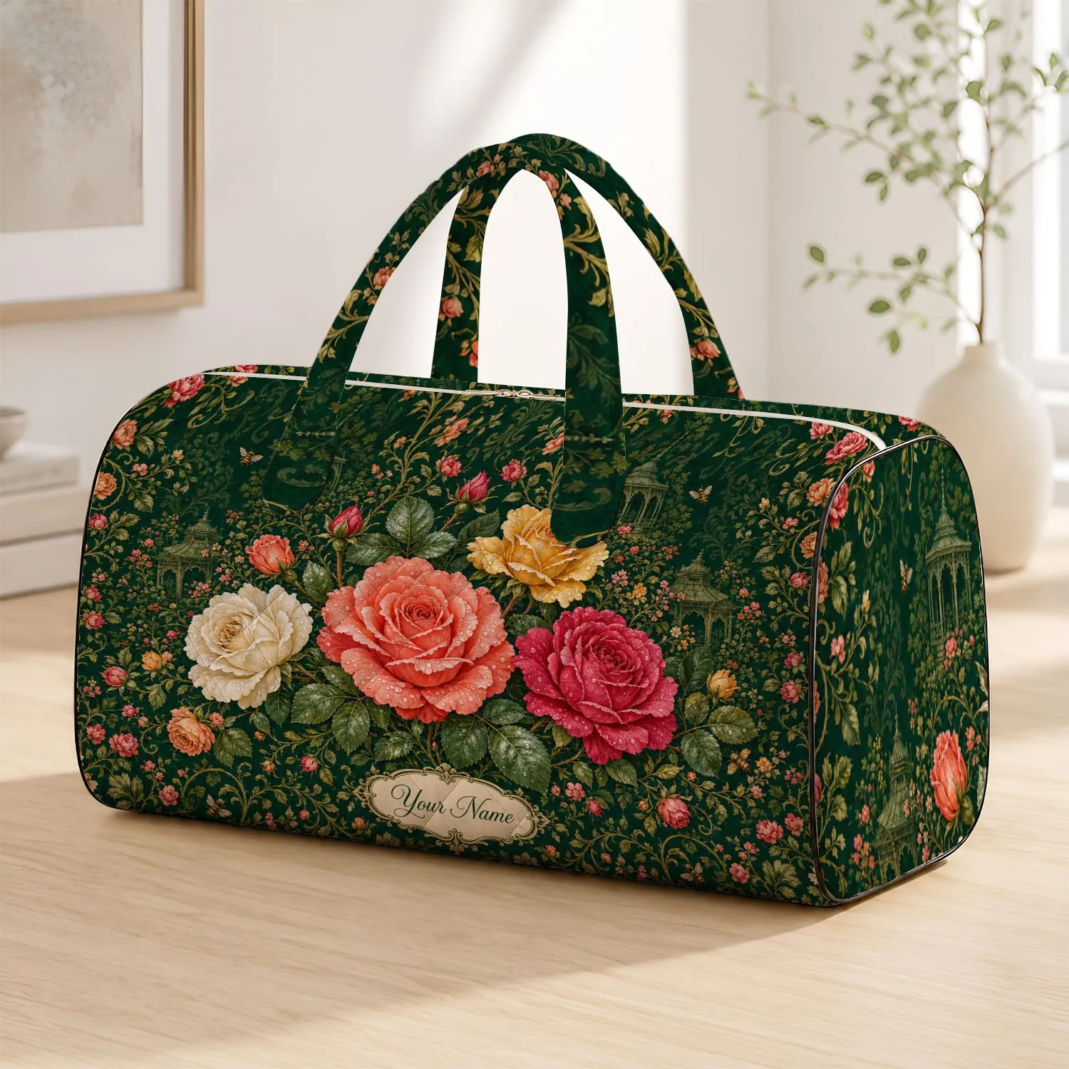 Rose Garden Name Cartouche Botanical Floral For Romantic Getaways And Bridesmaids Quilted Weekend Bag - 1