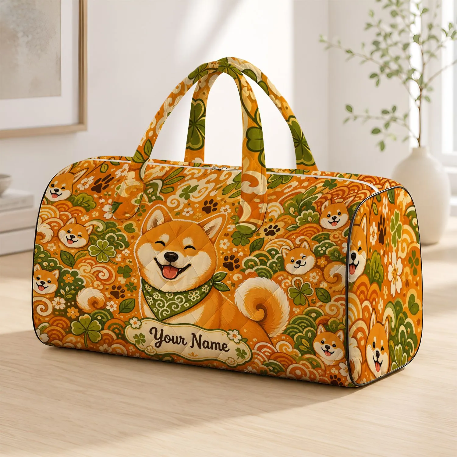 Happy Shiba Inu Dog With Daisies Paws And Clover For Overnight Travel And Gym Trips Quilted Weekend Bag - 1