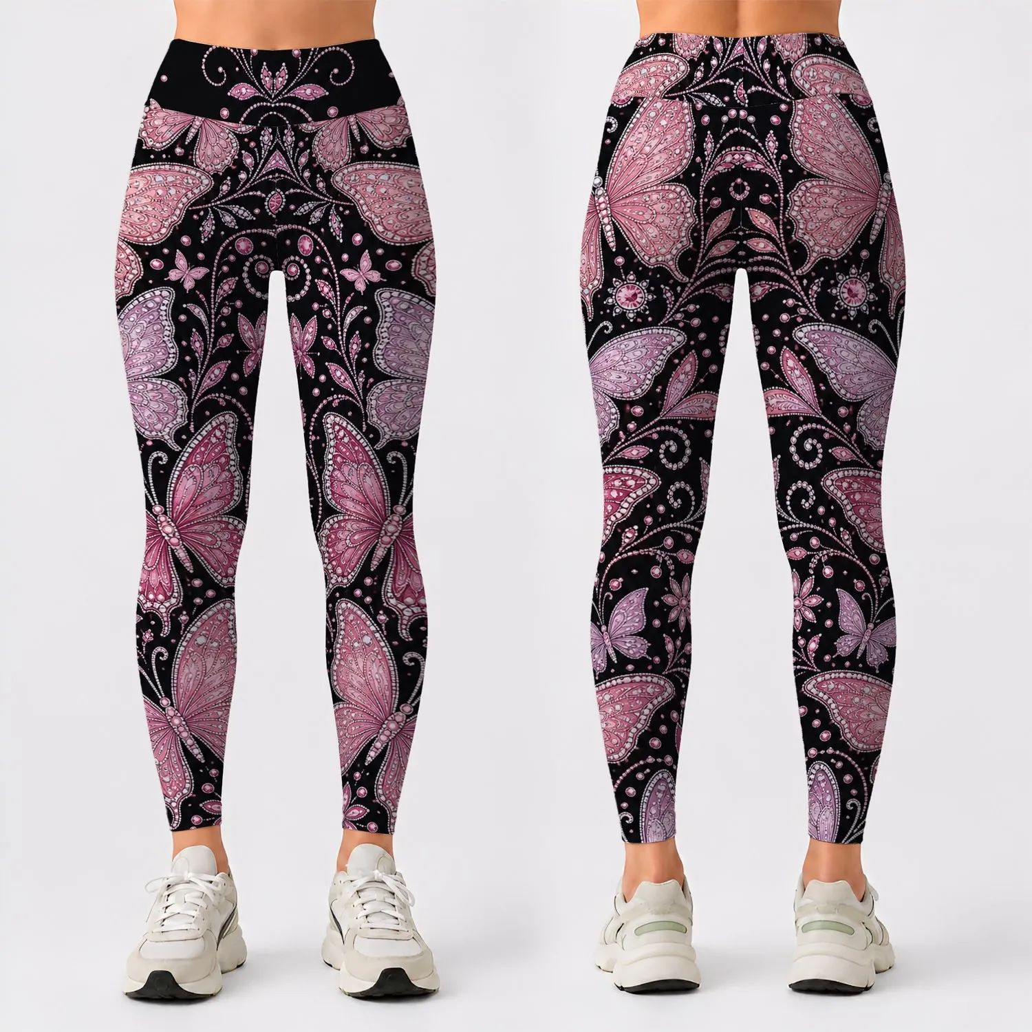Pink Butterfly Rhinestone Filigree On Black For Elegant Evening Boutique Style Look Leggings - 1