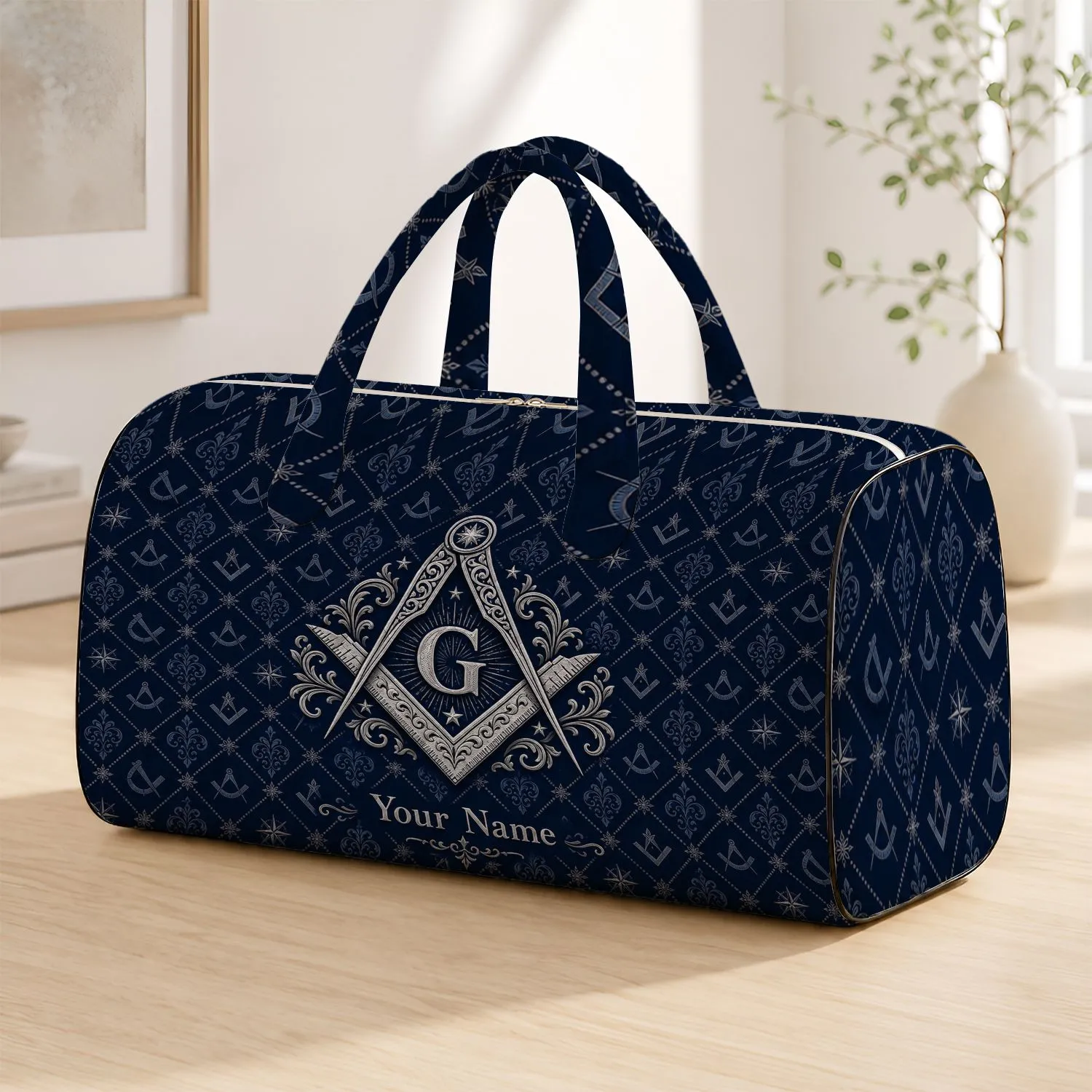 Silver Compass Square Emblem On Navy Fraternal Travel Style For Lodge Heritage Fans Quilted Weekend Bag - 1