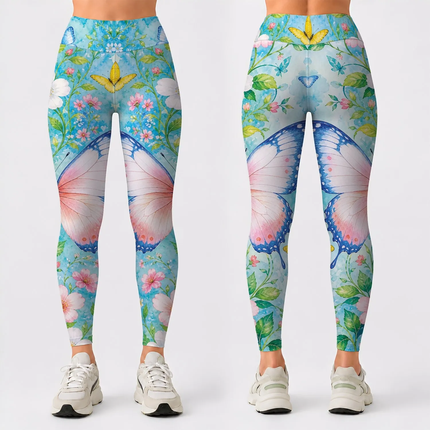 Aqua Butterfly Garden Floral Meadow For Spring Outings And Fresh Countryside Style Leggings - 1