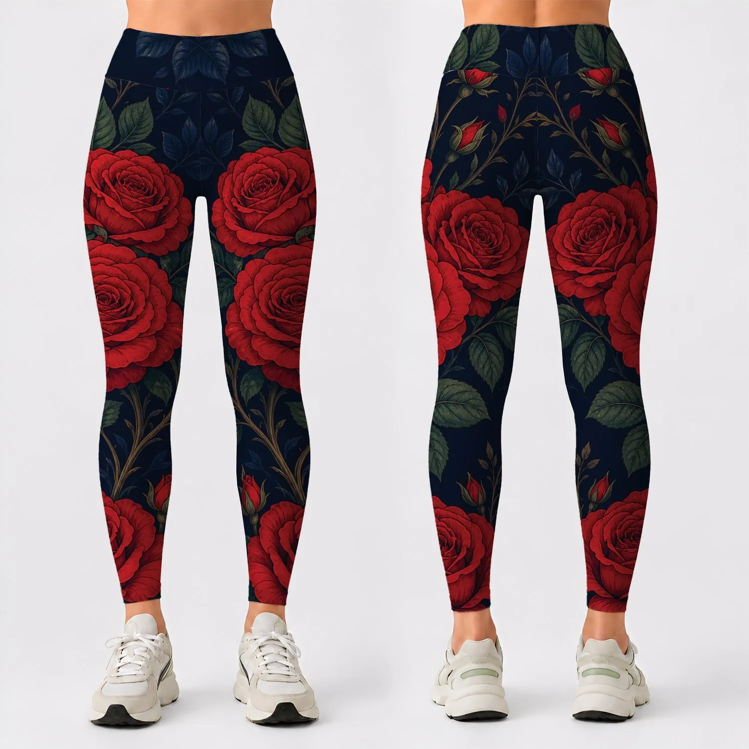 Midnight Navy Red Rose Floral Botanical Yoga Gym Workout Athleisure Style For Women Leggings - 1