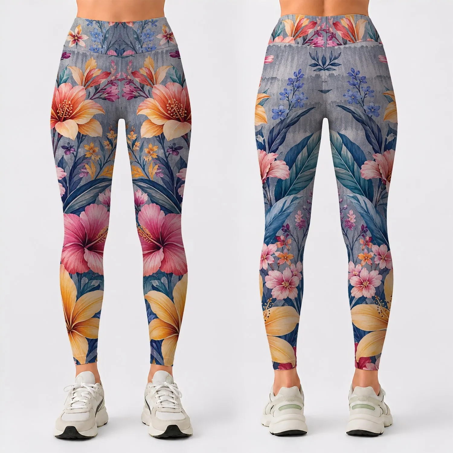 Weathered Chambray Botanical Florals For Resort Vacation And Coastal Weekend Style Leggings - 1
