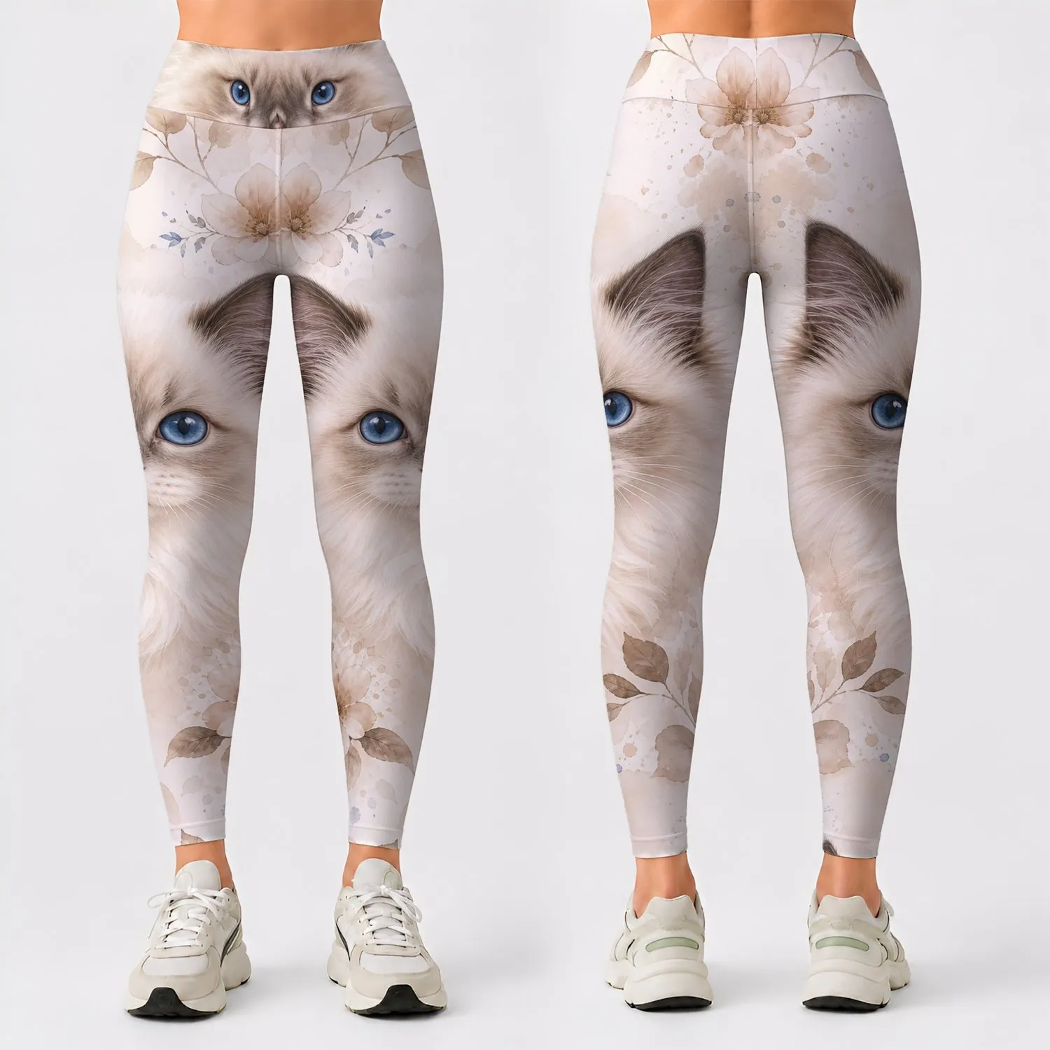 Fluffy Sapphire Eyed Kitten Watercolor Fur Motif For Cozy Casual Weekend Outfits Leggings - 1