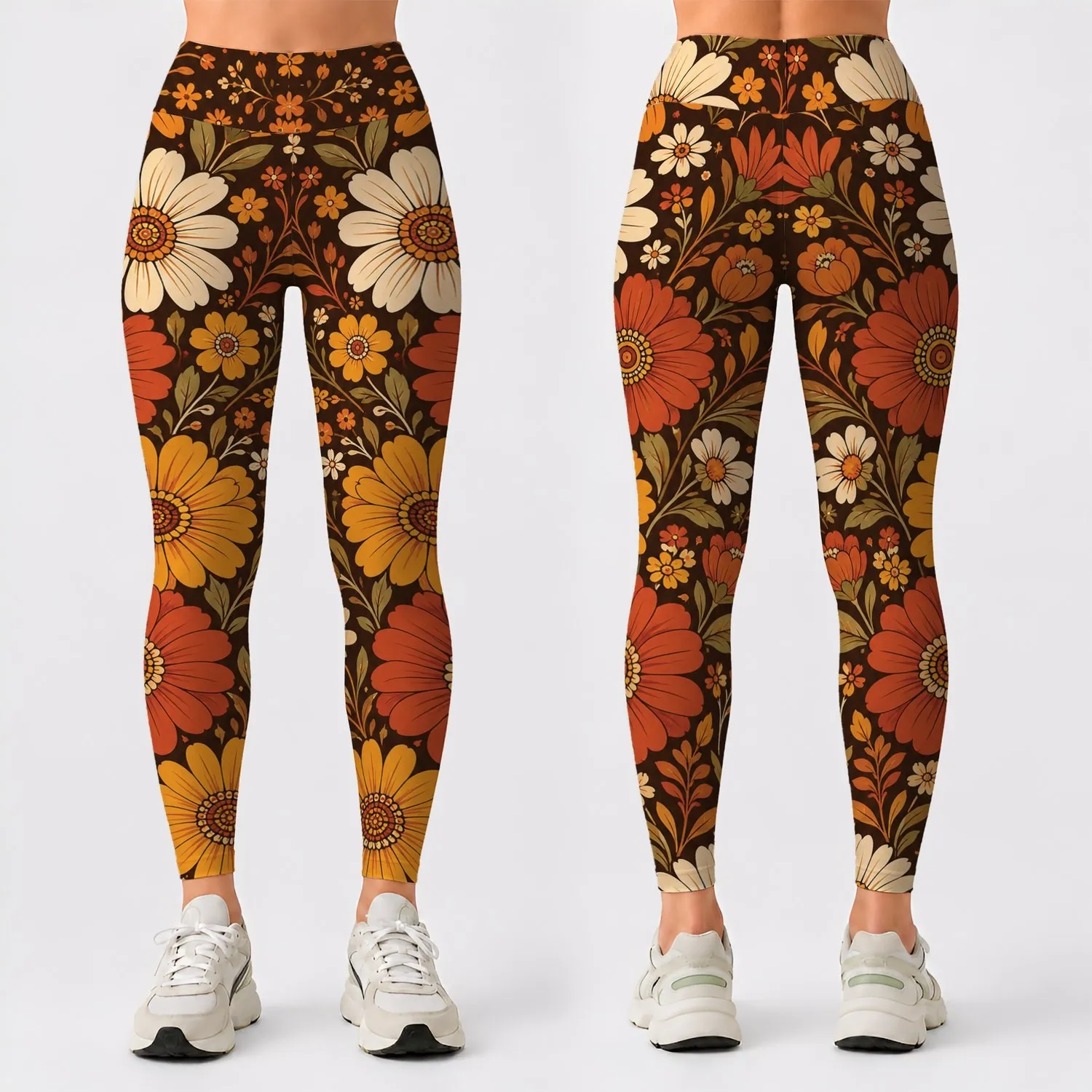 Retro Botanical Florals In Espresso Brown For Boho Autumn Outfits And Casual Wear Leggings - 1