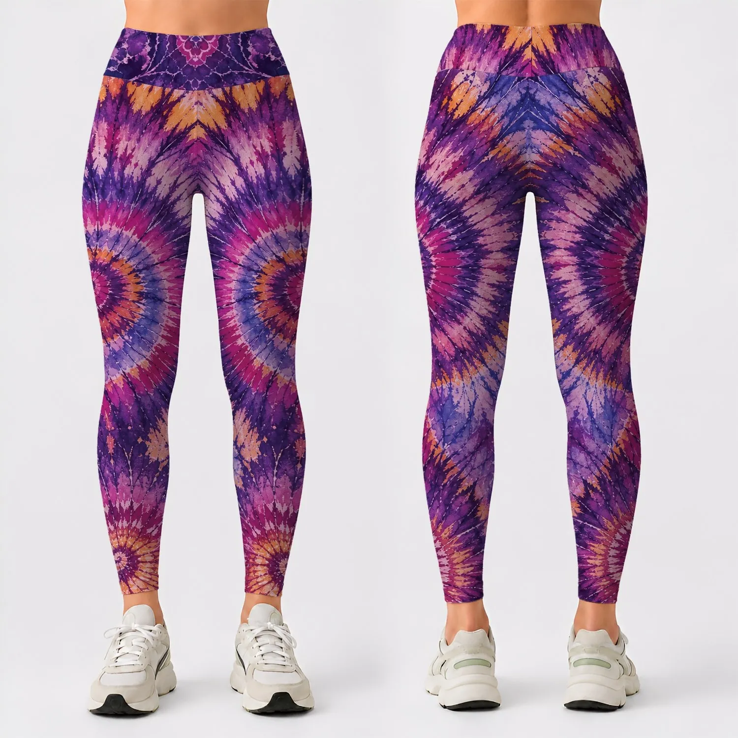 Bohemian Tie Dye Spiral Burst Festival Yoga Style In Purple Magenta Ochre For Women Leggings - 1