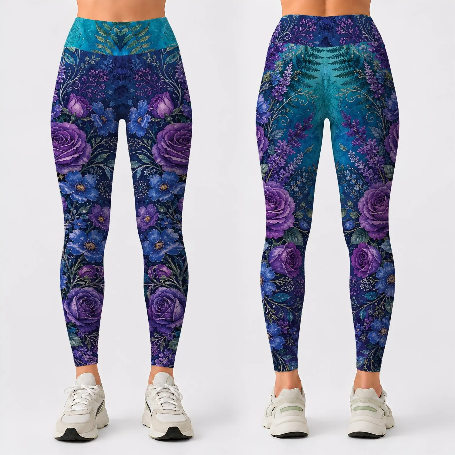 Bohemian Night Garden Bouquet In Teal Purple Blue For Festival Yoga Dance Outfits Leggings - 1