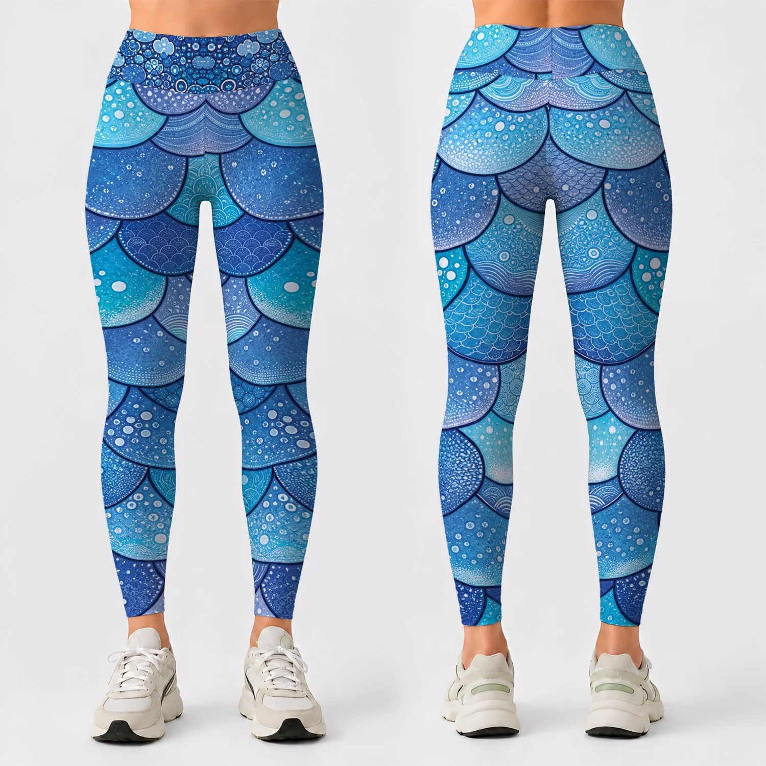 Ocean Blue Mermaid Fish Scales Mosaic For Yoga, Gym, Dance, And Everyday Coastal Style Leggings - 1