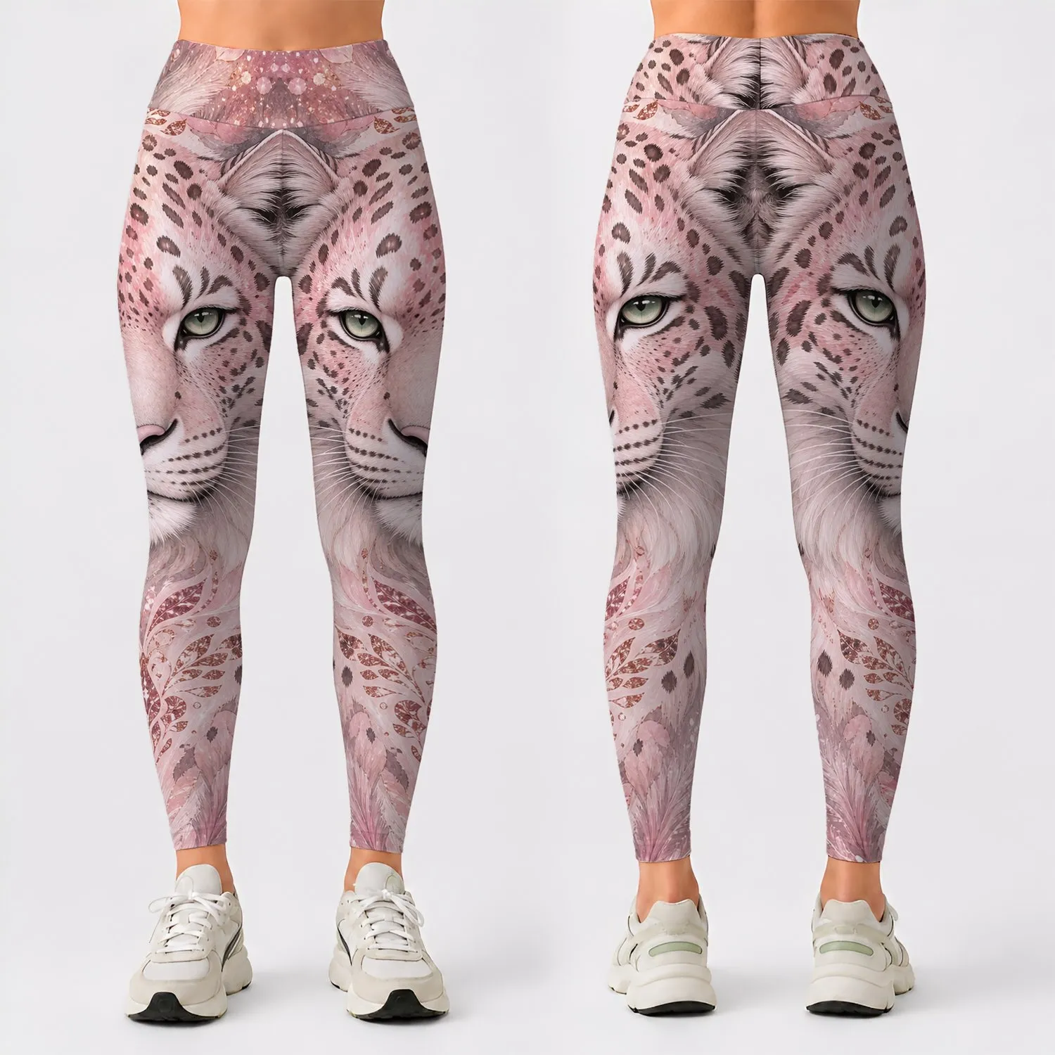 Regal Pastel Snow Tiger With Rose Peonies For Yoga Studio And Streetwear Daily Looks Leggings - 1