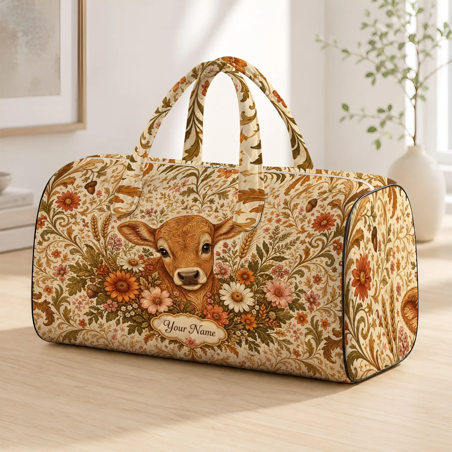 Cottagecore Calf With Daisies Autumn Folk Art Pastoral Farm Animal Gift For Women Quilted Weekend Bag - 1